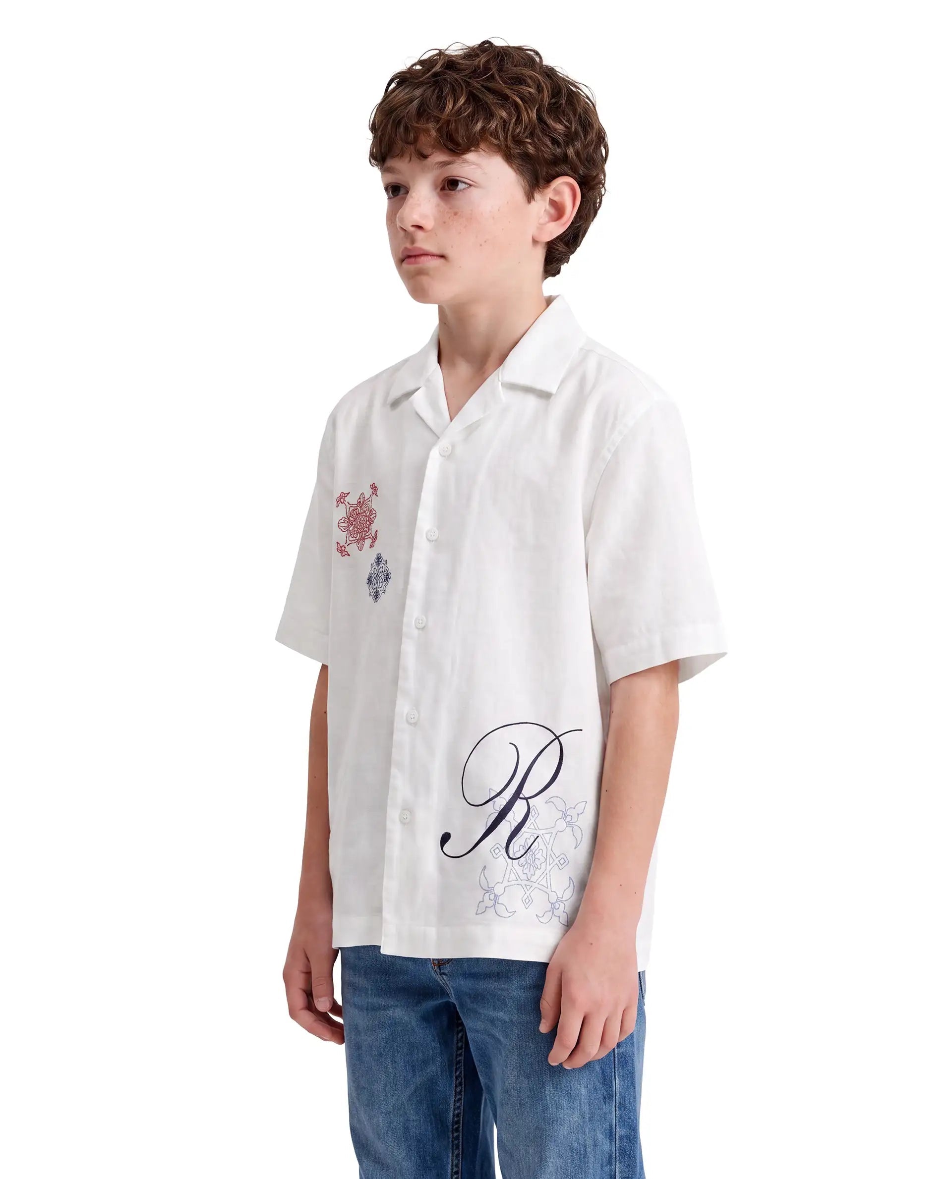 Boys White Regular-Fit Half-Sleeve Embroidered Cotton Resort Shirt