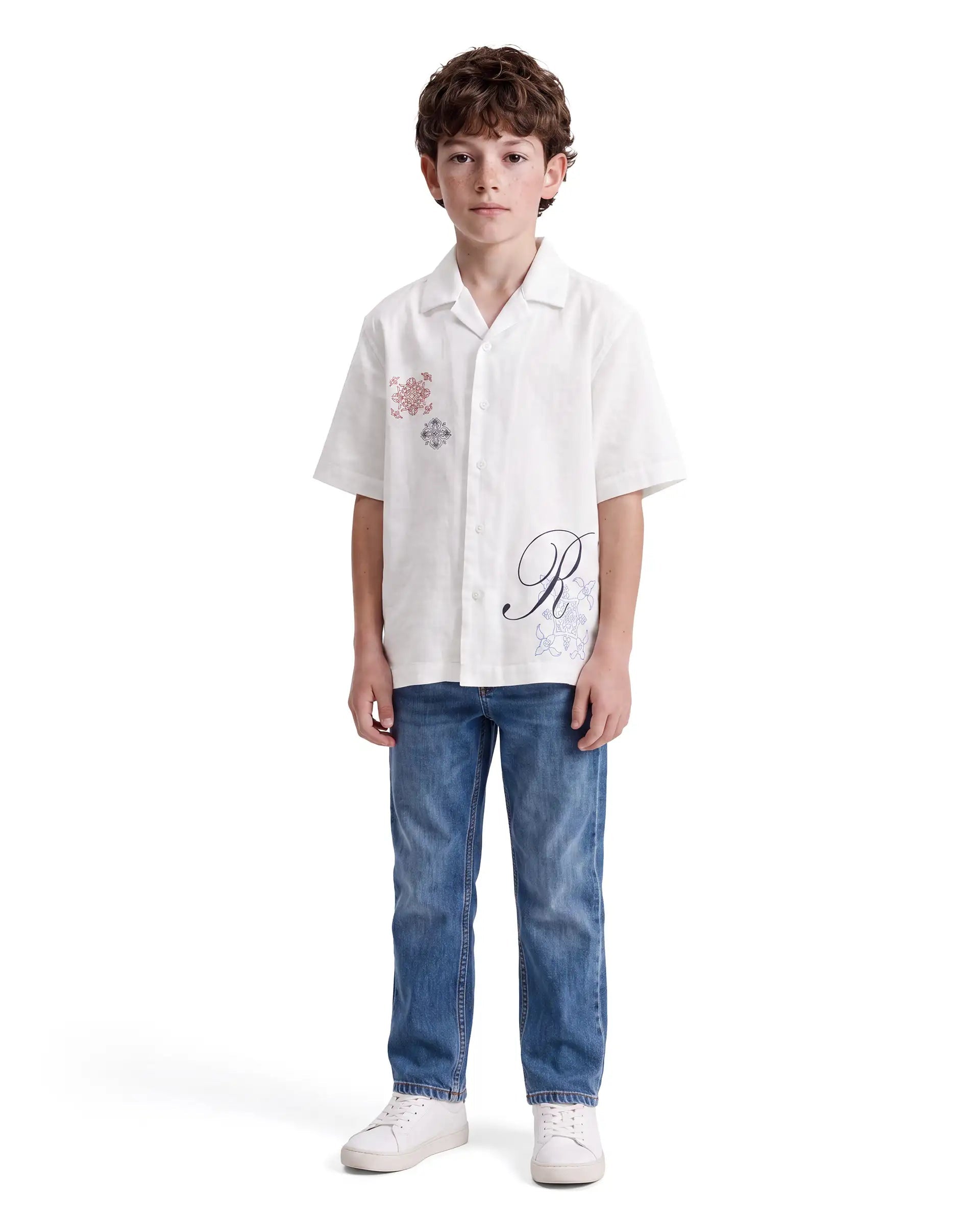 Boys White Regular-Fit Half-Sleeve Embroidered Cotton Resort Shirt
