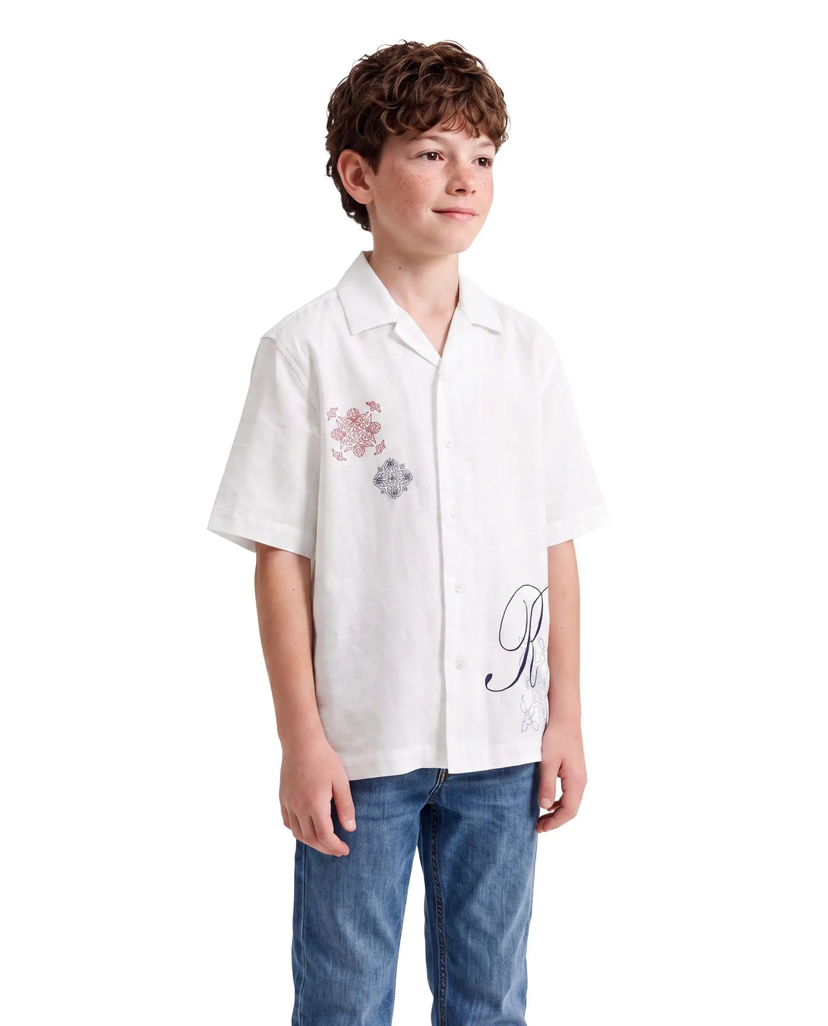 Boys White Regular-Fit Half-Sleeve Embroidered Cotton Resort Shirt
