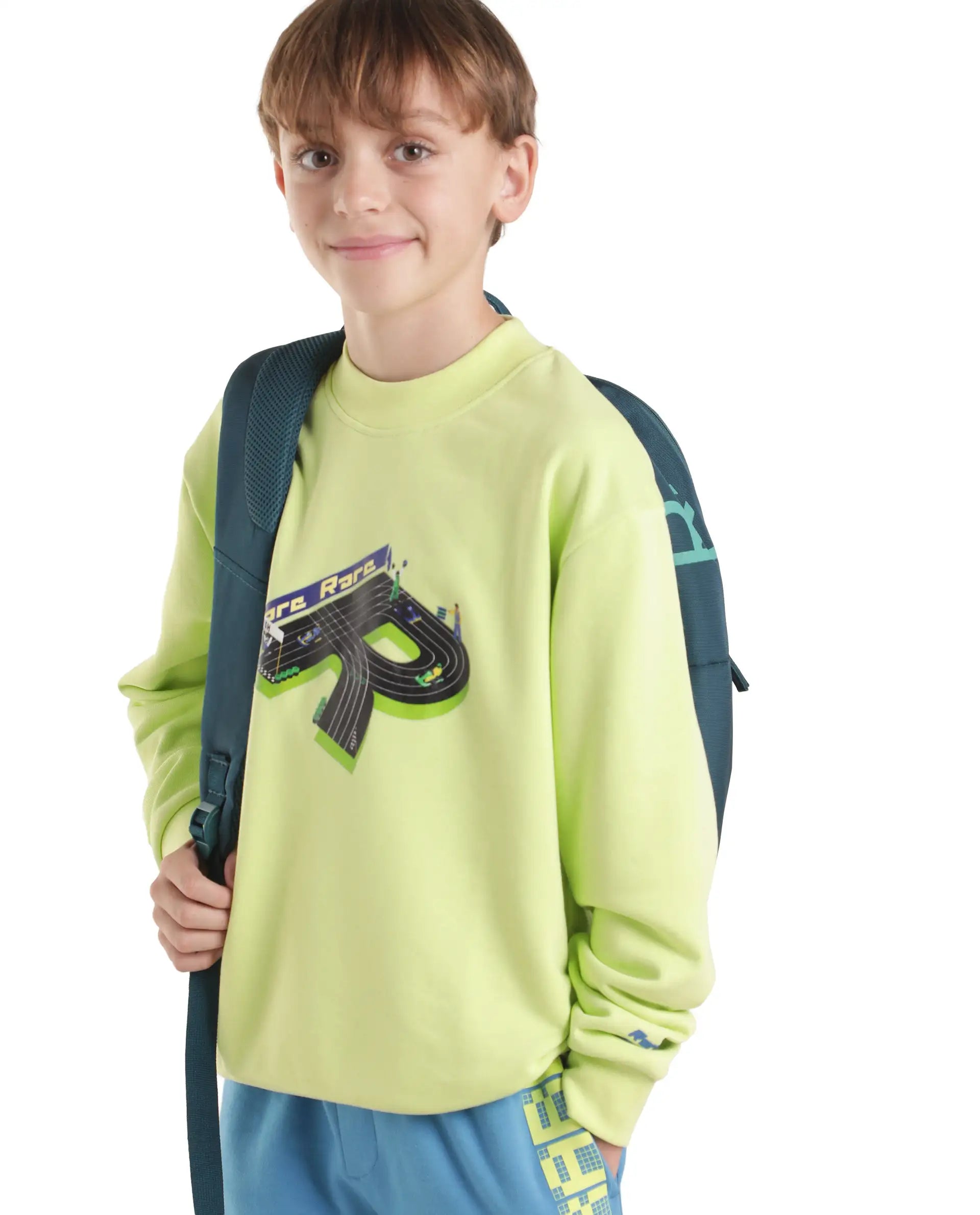 Boys Pastel Green Oversized Full-Sleeve HD Print Cotton Blend Sweatshirt