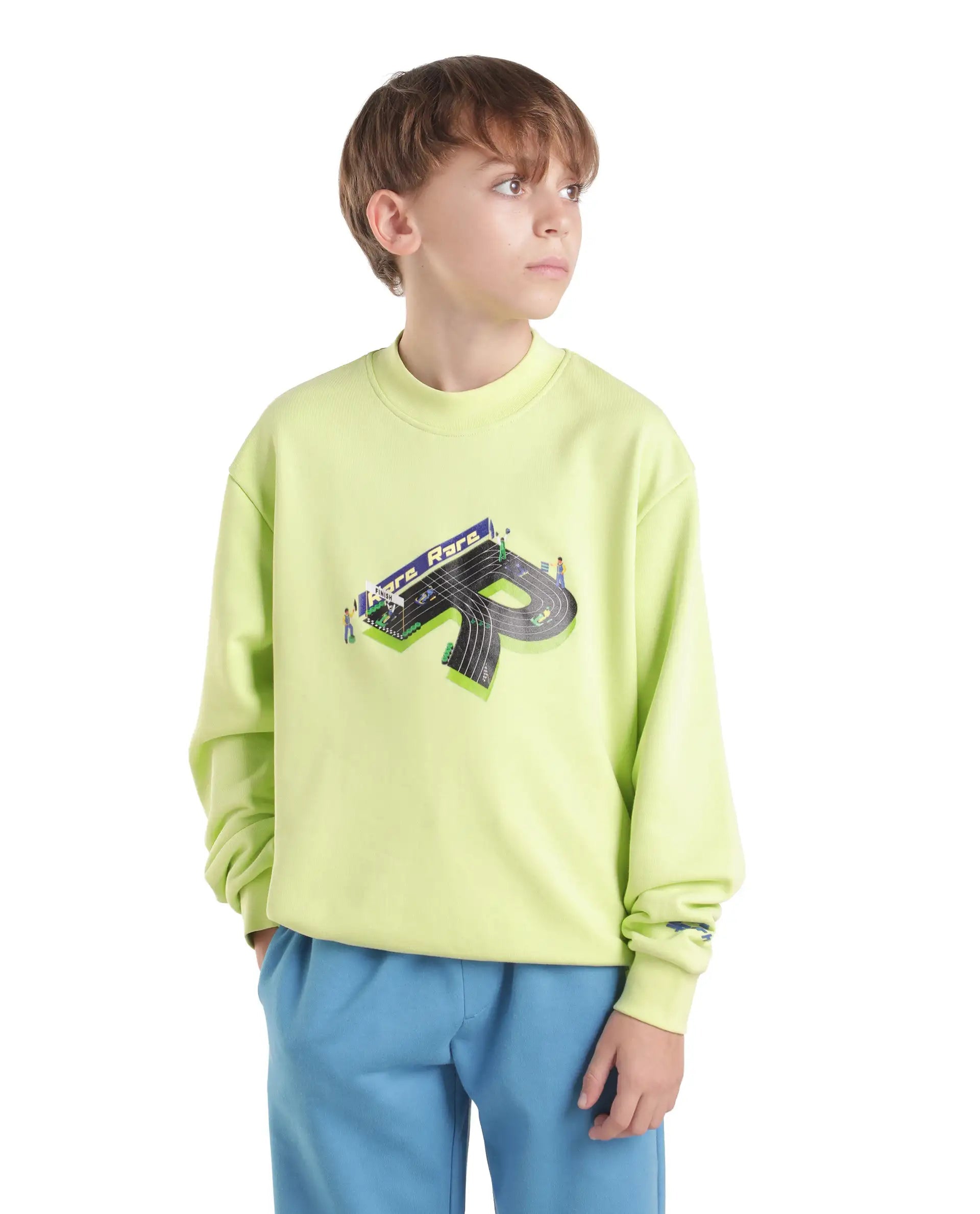 Boys Pastel Green Oversized Full-Sleeve HD Print Cotton Blend Sweatshirt