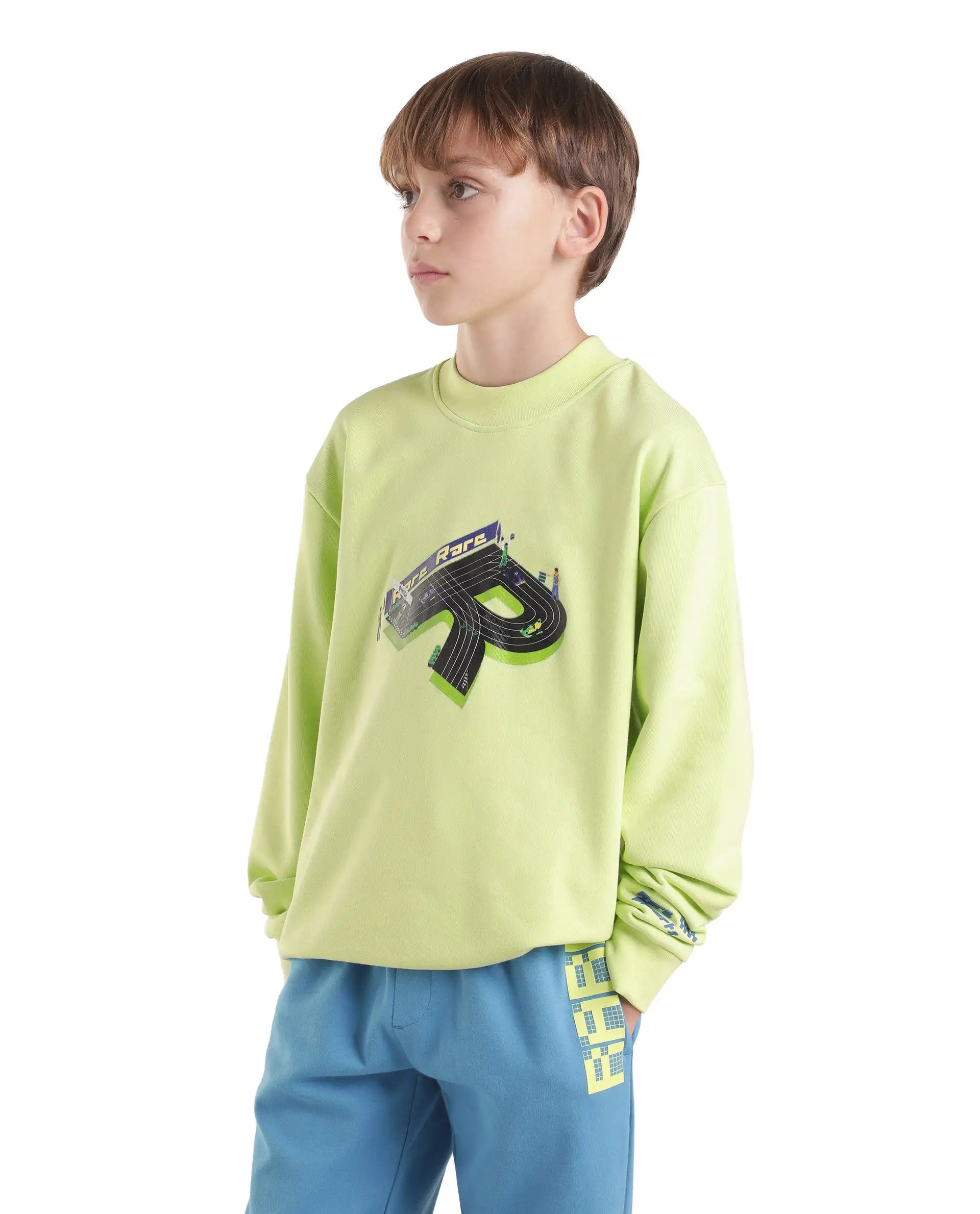Boys Pastel Green Oversized Full-Sleeve HD Print Cotton Blend Sweatshirt
