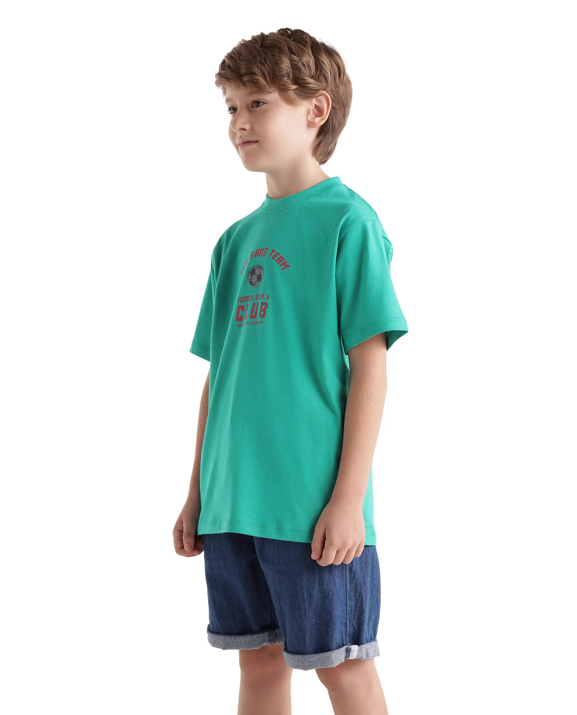 Boys Light Teal Regular-Fit Half-Sleeve Graphic Print Cotton T-Shirt