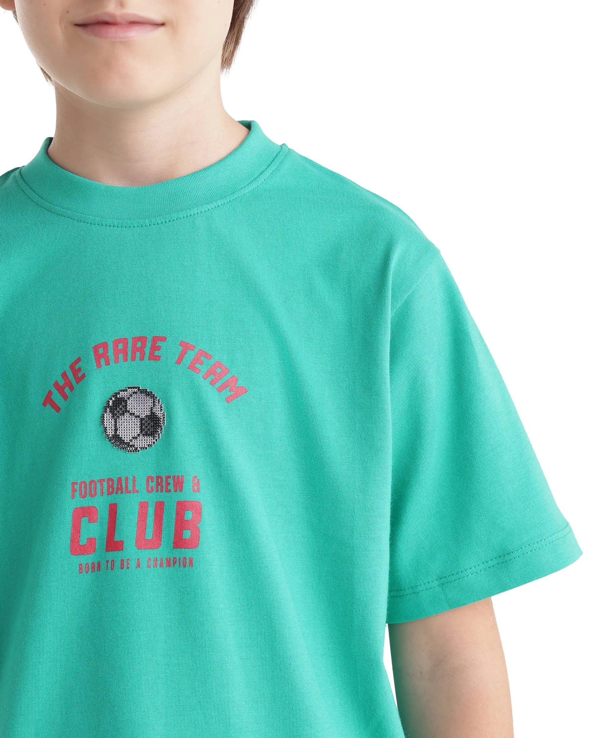 Boys Light Teal Regular-Fit Half-Sleeve Graphic Print Cotton T-Shirt