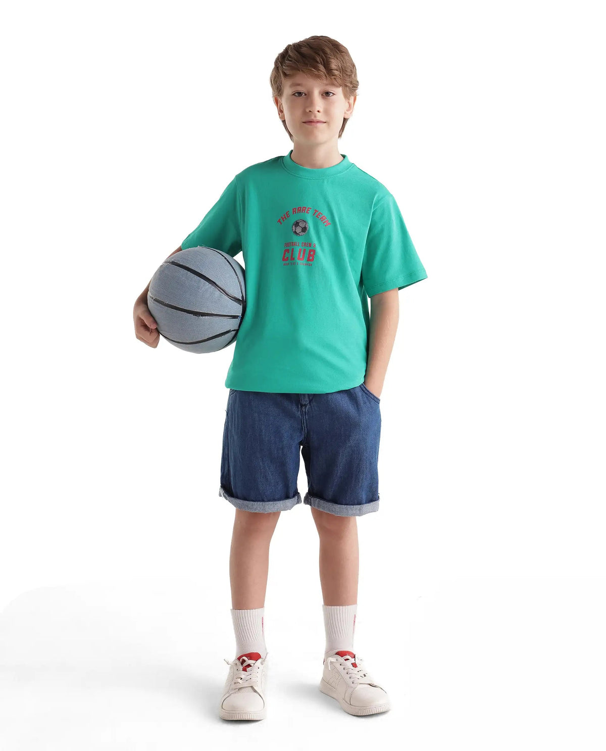 Boys Light Teal Regular-Fit Half-Sleeve Graphic Print Cotton T-Shirt