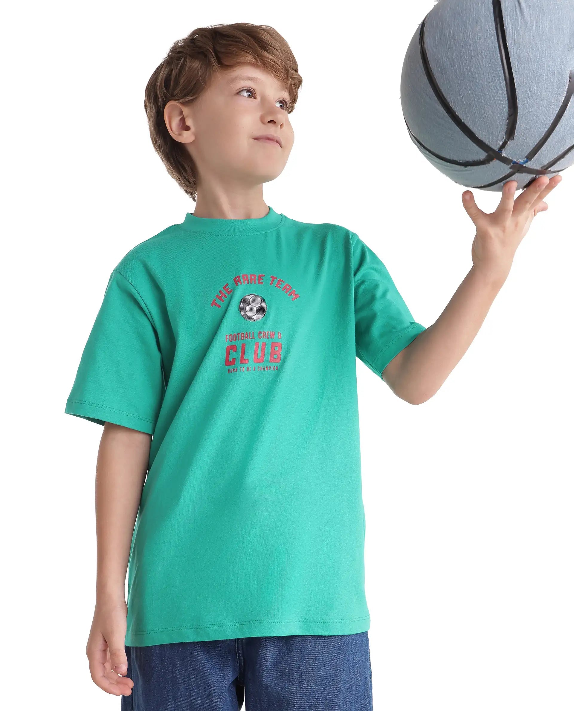 Boys Light Teal Regular-Fit Half-Sleeve Graphic Print Cotton T-Shirt