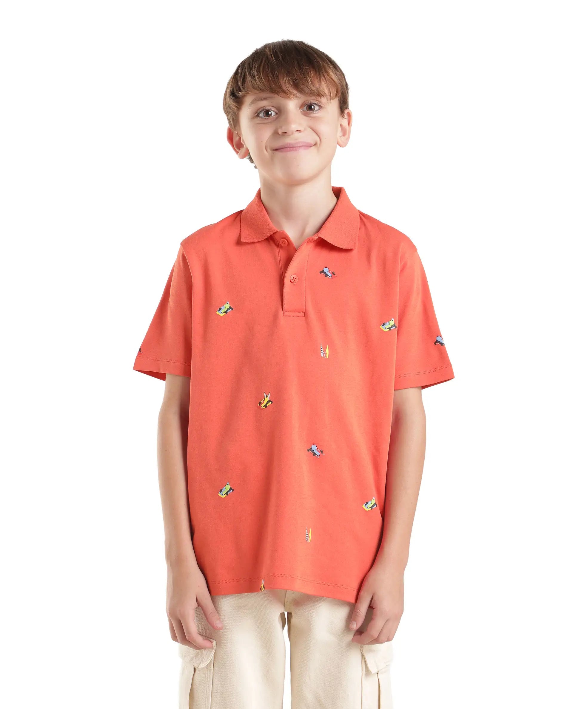 Boys Light Orange Regular-Fit Half-Sleeve All-Over Print Cotton Polo