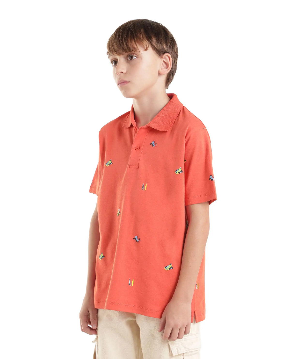 Boys Light Orange Regular-Fit Half-Sleeve All-Over Print Cotton Polo