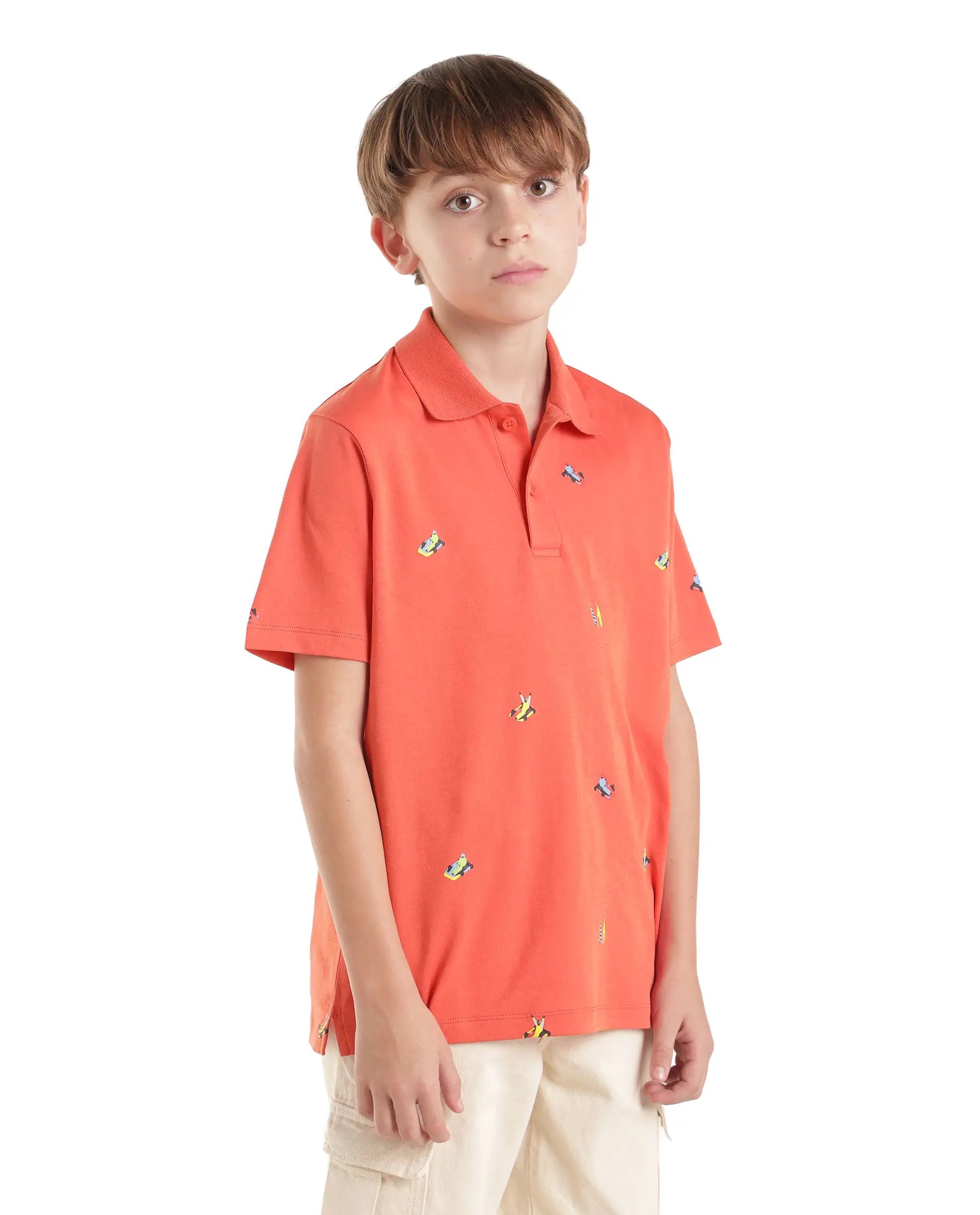 Boys Light Orange Regular-Fit Half-Sleeve All-Over Print Cotton Polo