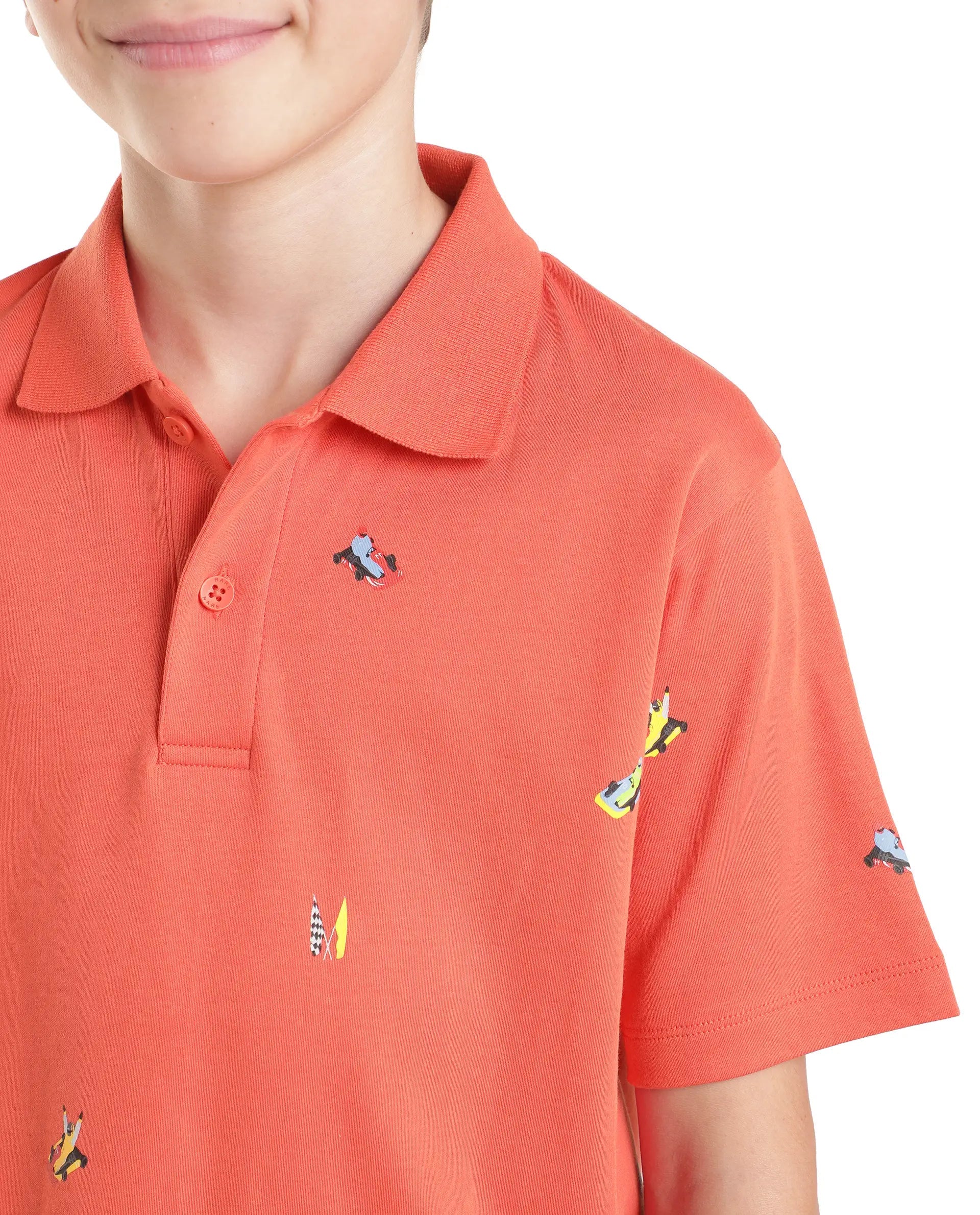 Boys Light Orange Regular-Fit Half-Sleeve All-Over Print Cotton Polo