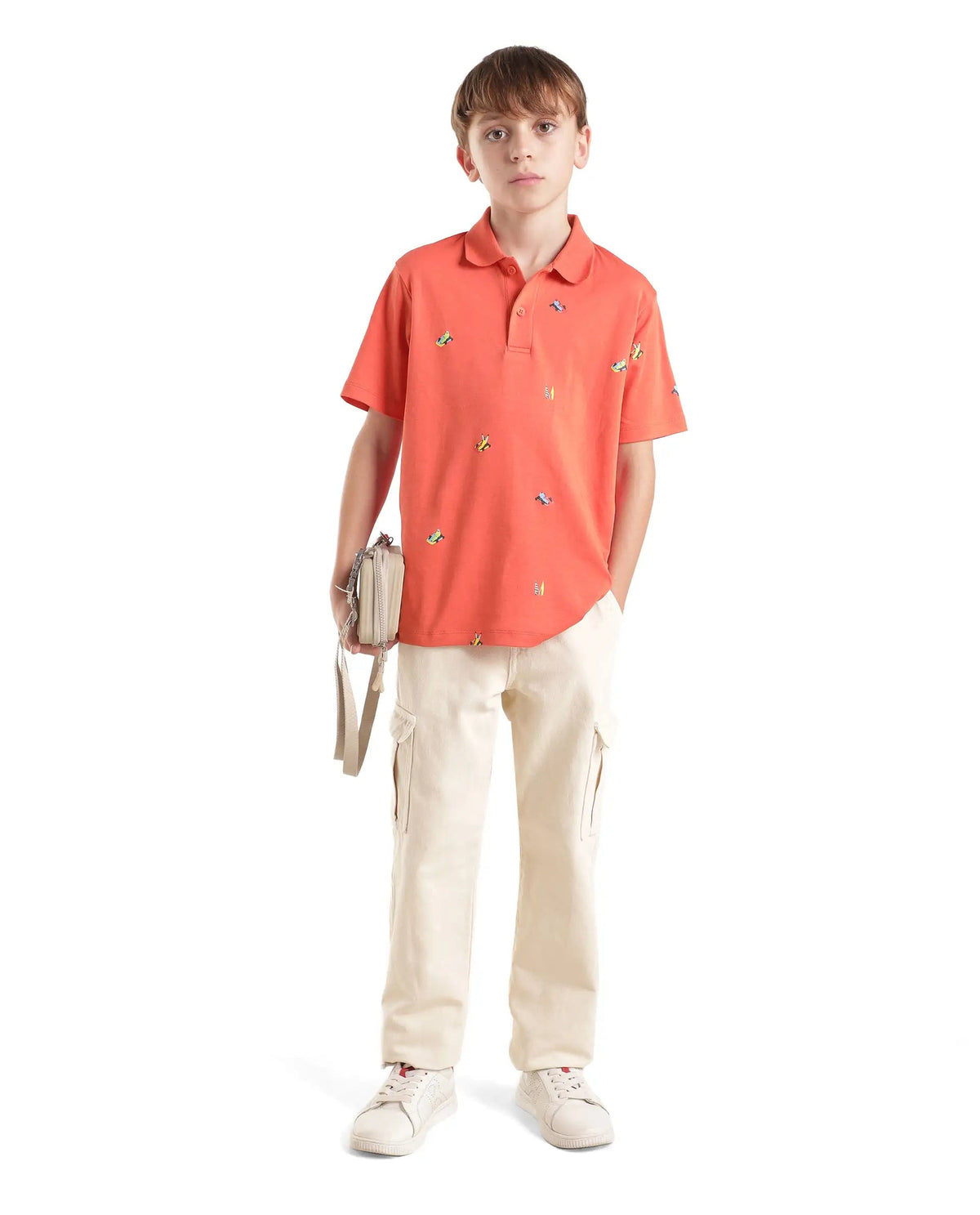 Boys Light Orange Regular-Fit Half-Sleeve All-Over Print Cotton Polo