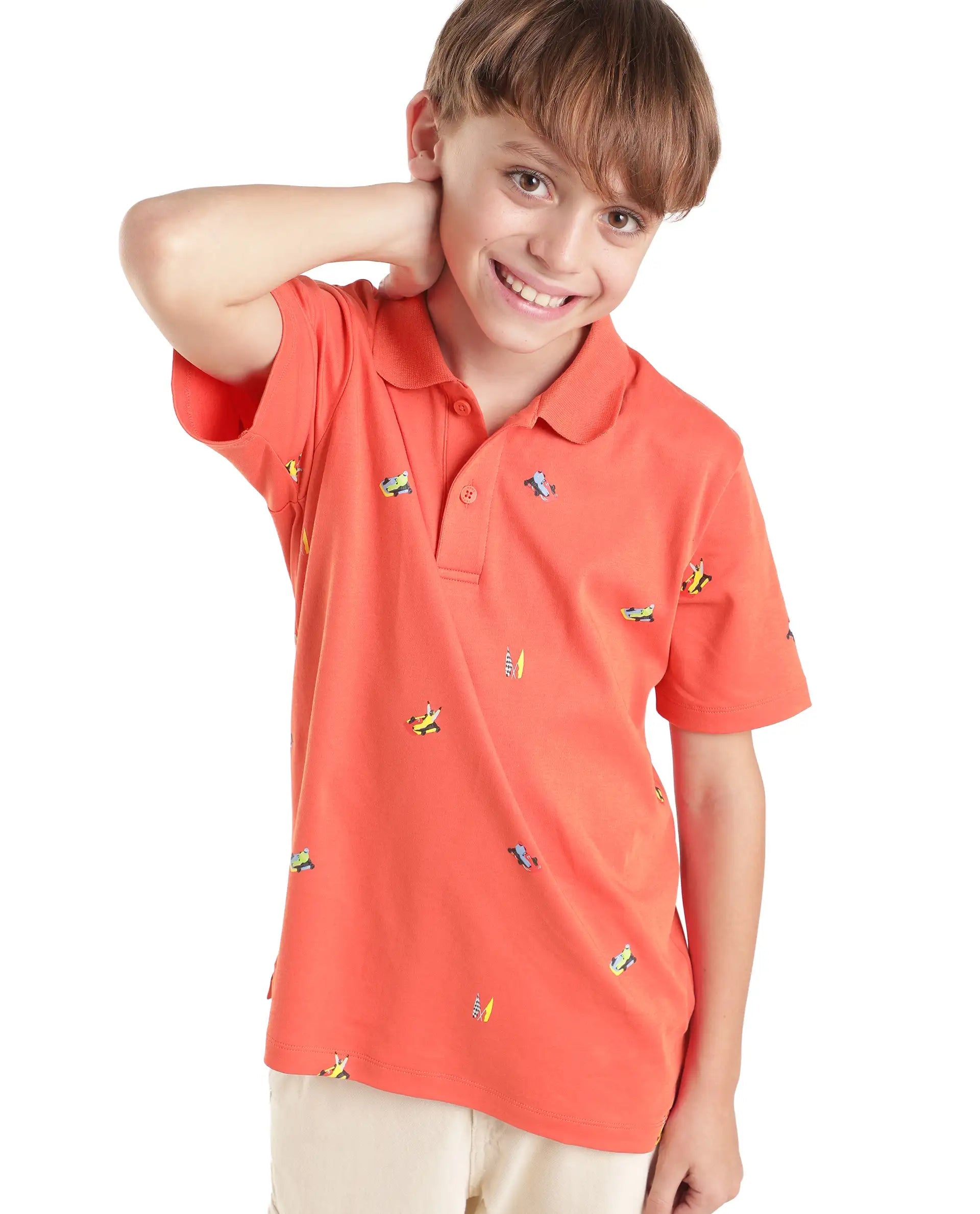 Boys Light Orange Regular-Fit Half-Sleeve All-Over Print Cotton Polo