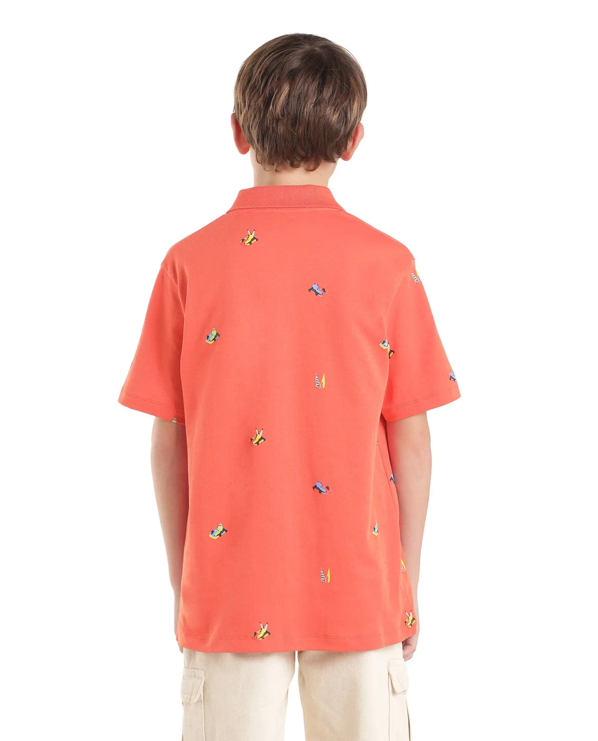 Boys Light Orange Regular-Fit Half-Sleeve All-Over Print Cotton Polo