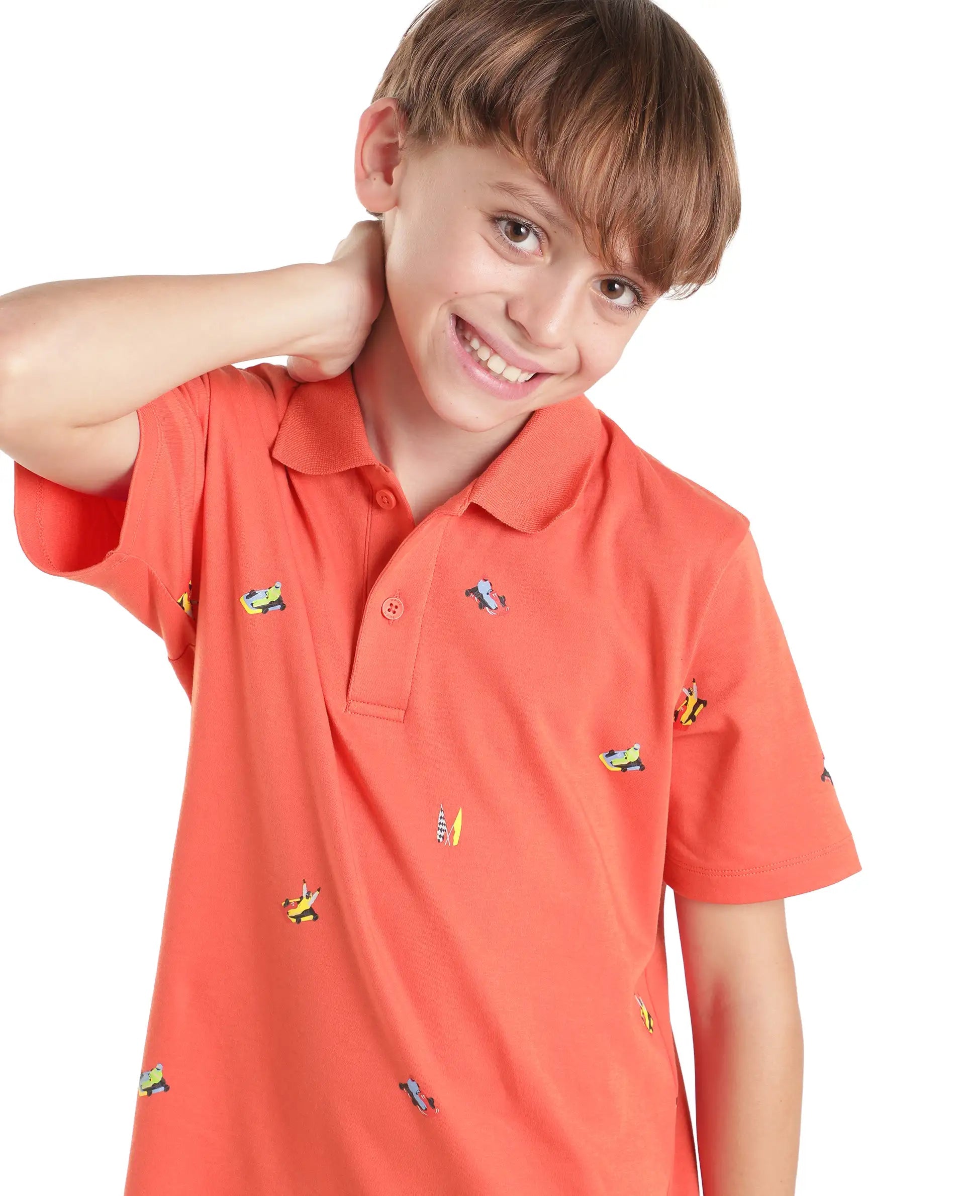 Boys Light Orange Regular-Fit Half-Sleeve All-Over Print Cotton Polo