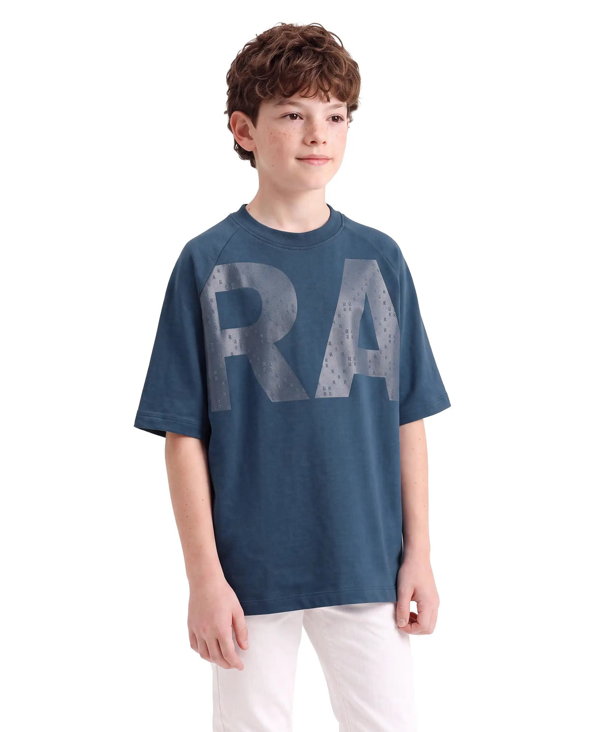 Boys Dark Teal Oversized Half-Sleeve Graphic Print Cotton T-Shirt