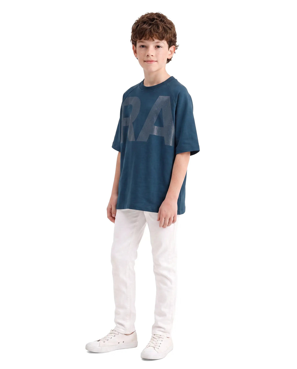 Boys Dark Teal Oversized Half-Sleeve Graphic Print Cotton T-Shirt
