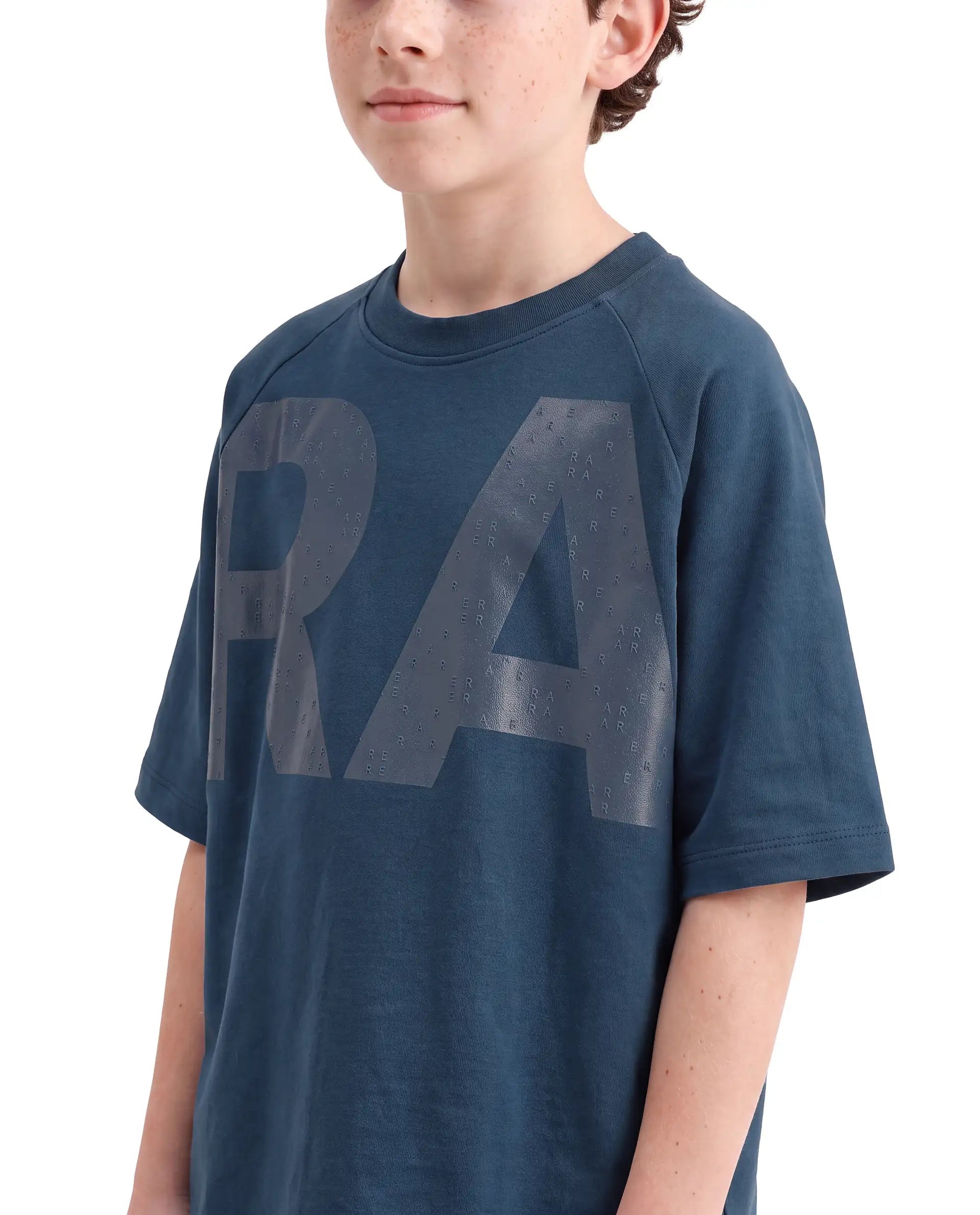 Boys Dark Teal Oversized Half-Sleeve Graphic Print Cotton T-Shirt