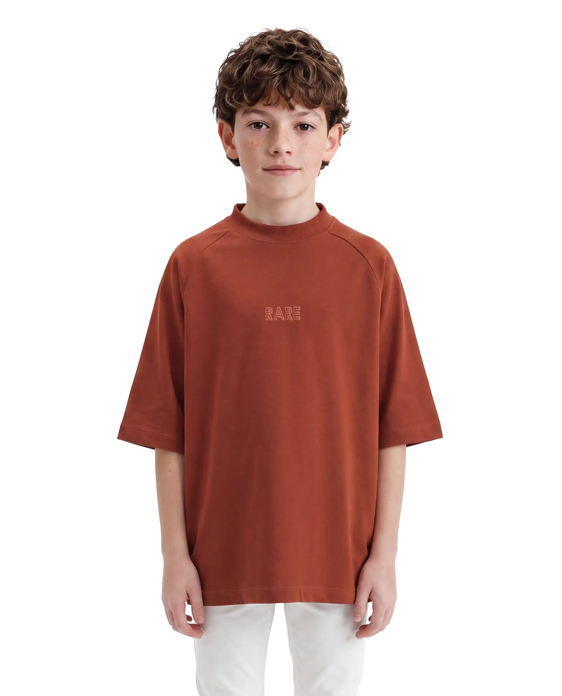 Boys Rust Oversized Half-Sleeve Graphic Print Cotton T-Shirt