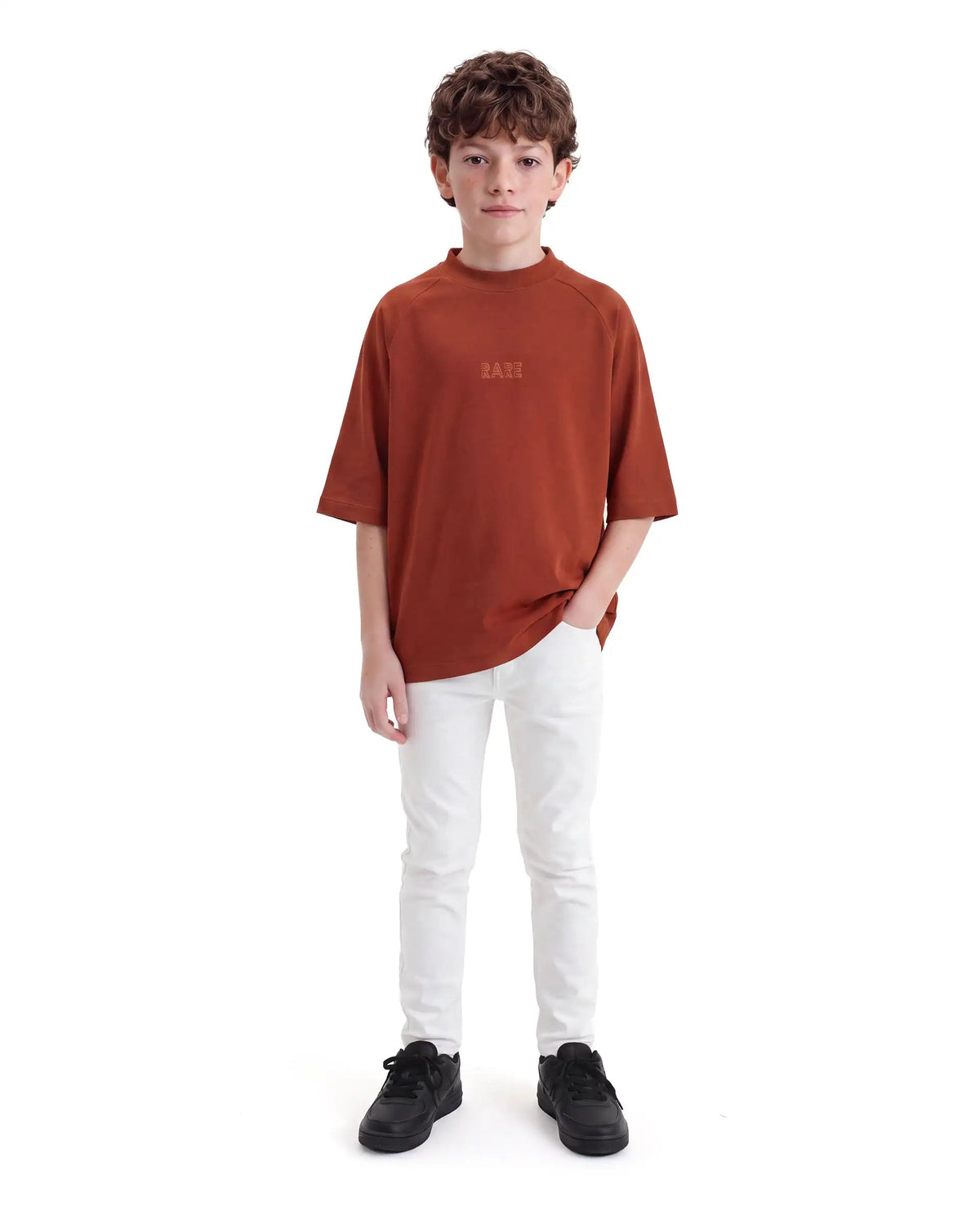 Boys Rust Oversized Half-Sleeve Graphic Print Cotton T-Shirt