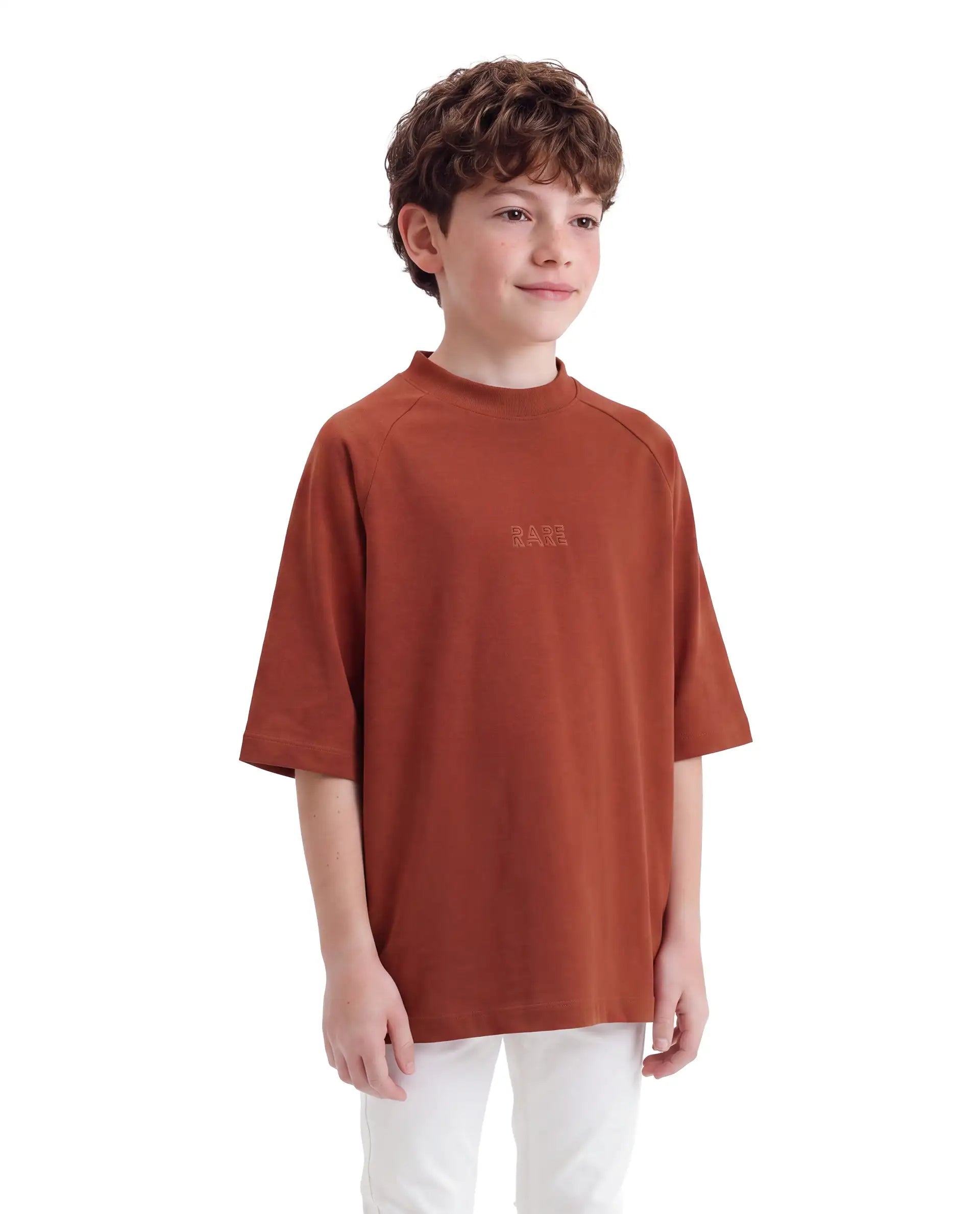 Boys Rust Oversized Half-Sleeve Graphic Print Cotton T-Shirt
