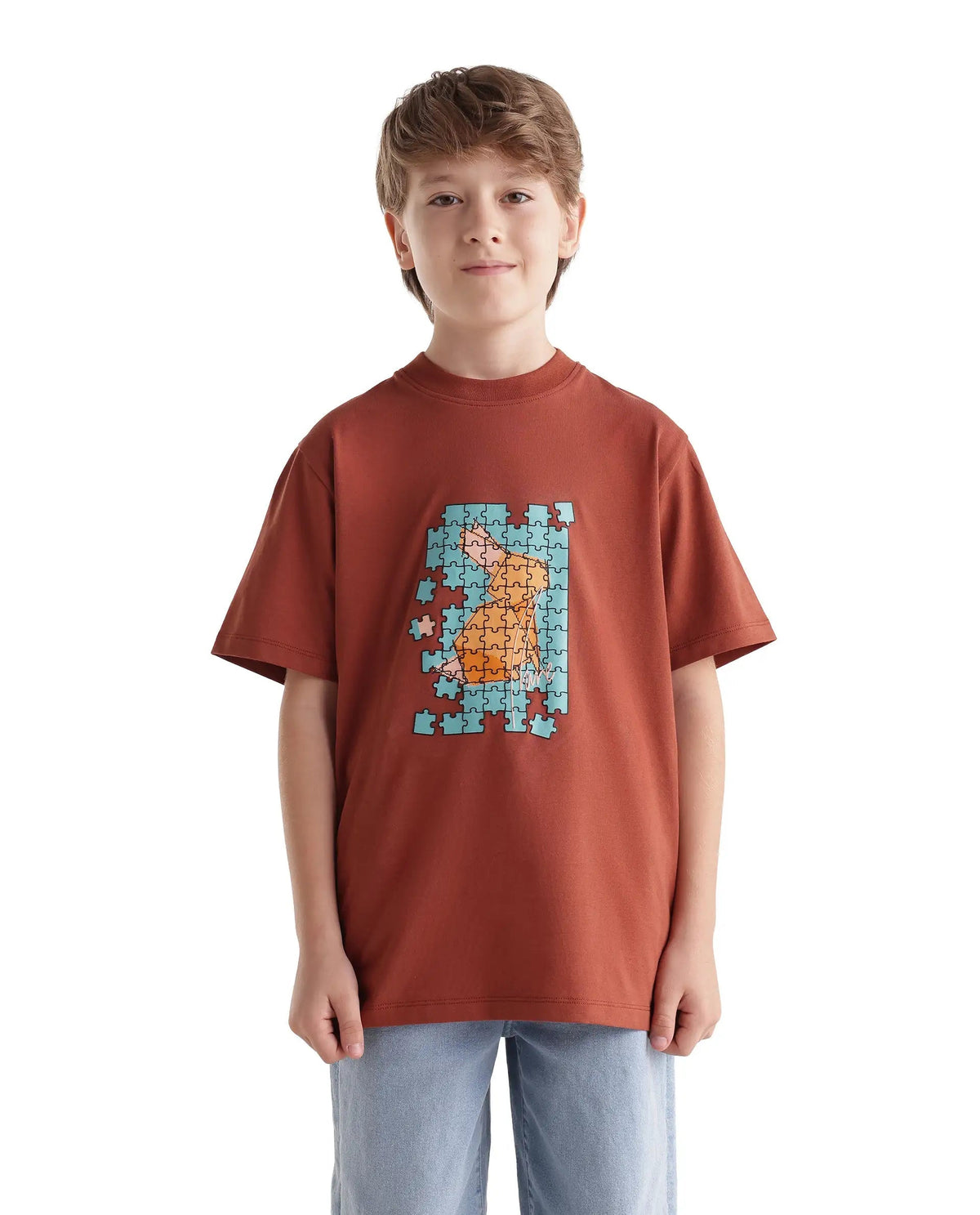 Rare Ones Boys Alarc Regular Fit Cotton Blend T-Shirt - Rust