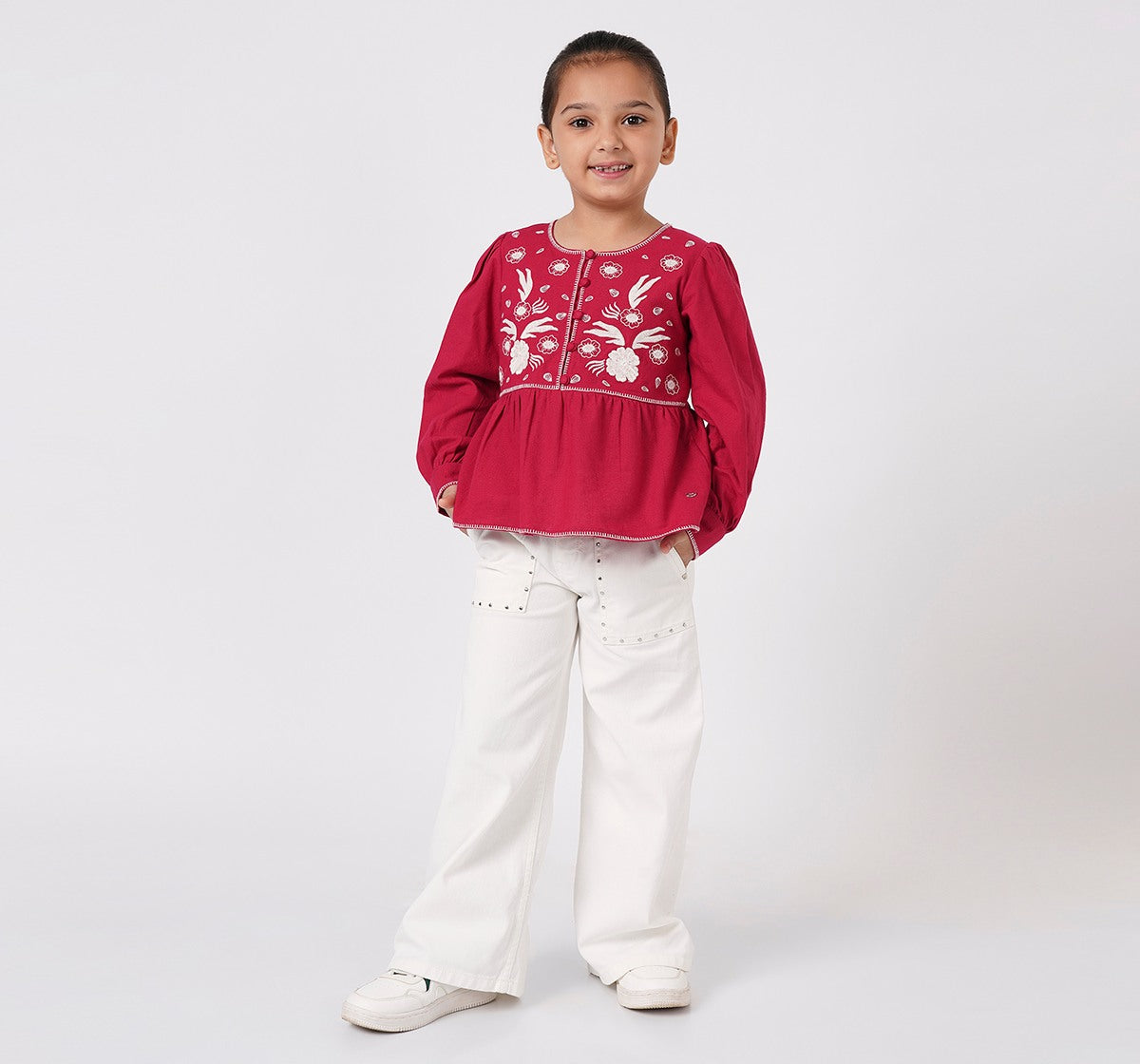 Top with Embroidery and Stitch Detail Burgundy