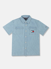 Boys Denim Medium Blue Logo Cotton Regular Fit Shirt