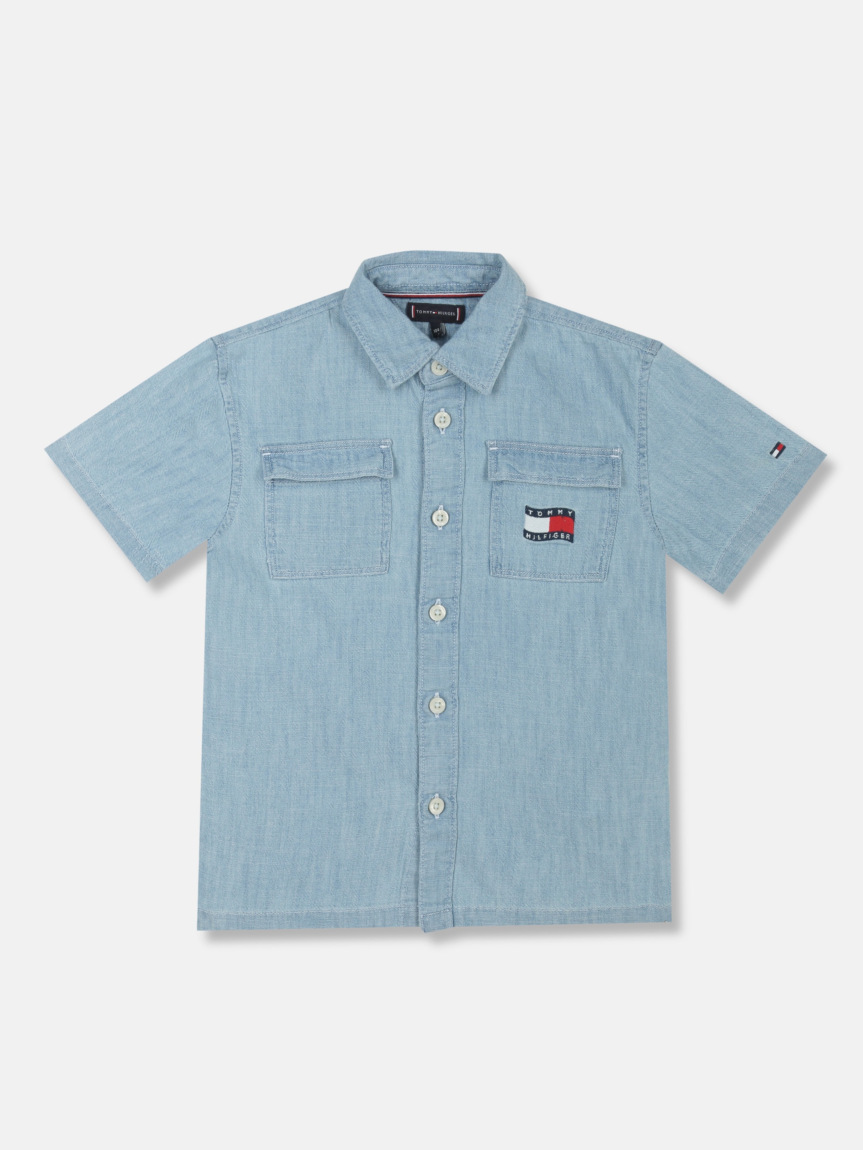 Boys Denim Medium Blue Logo Cotton Regular Fit Shirt