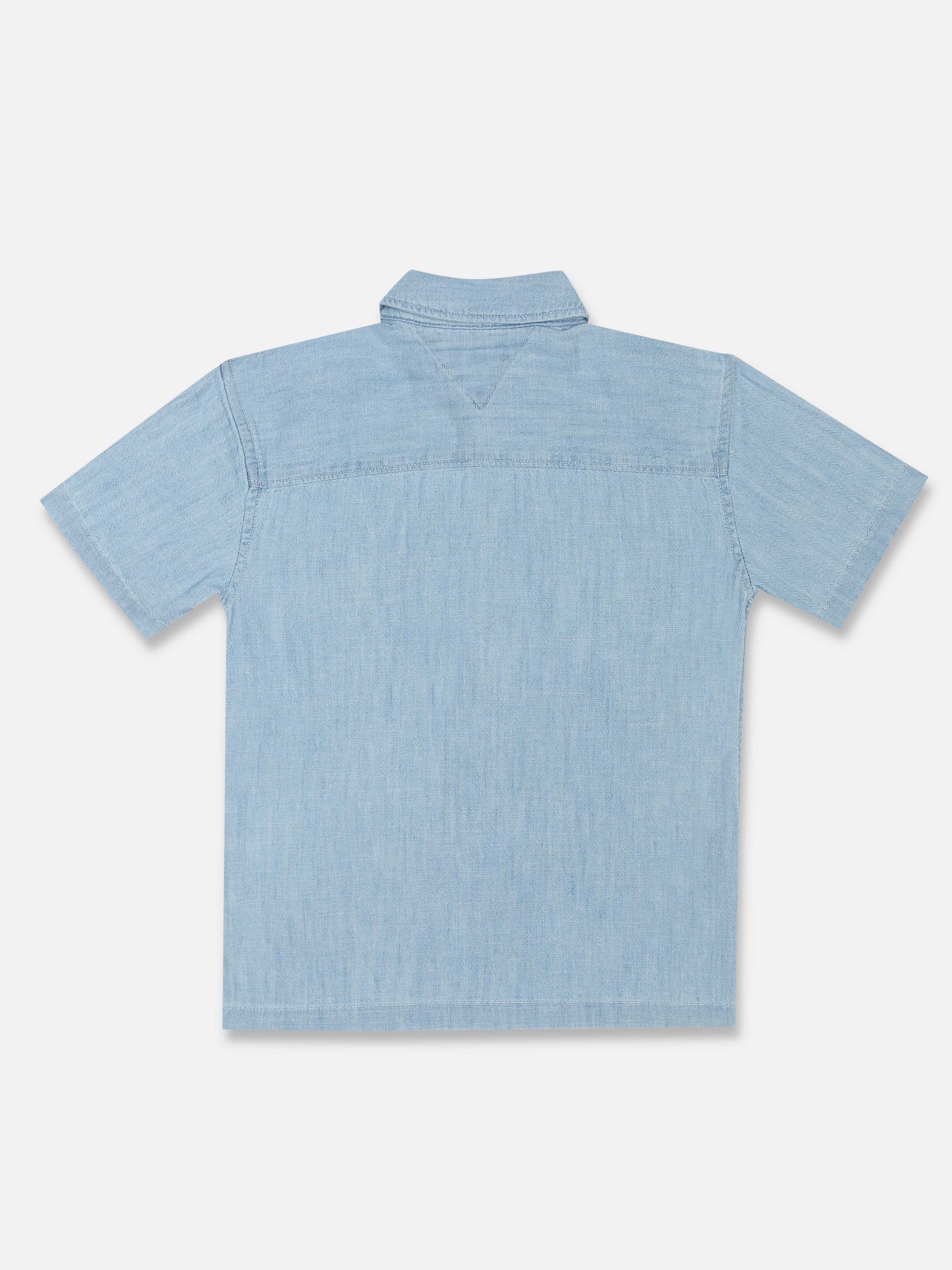 Boys Denim Medium Blue Logo Cotton Regular Fit Shirt