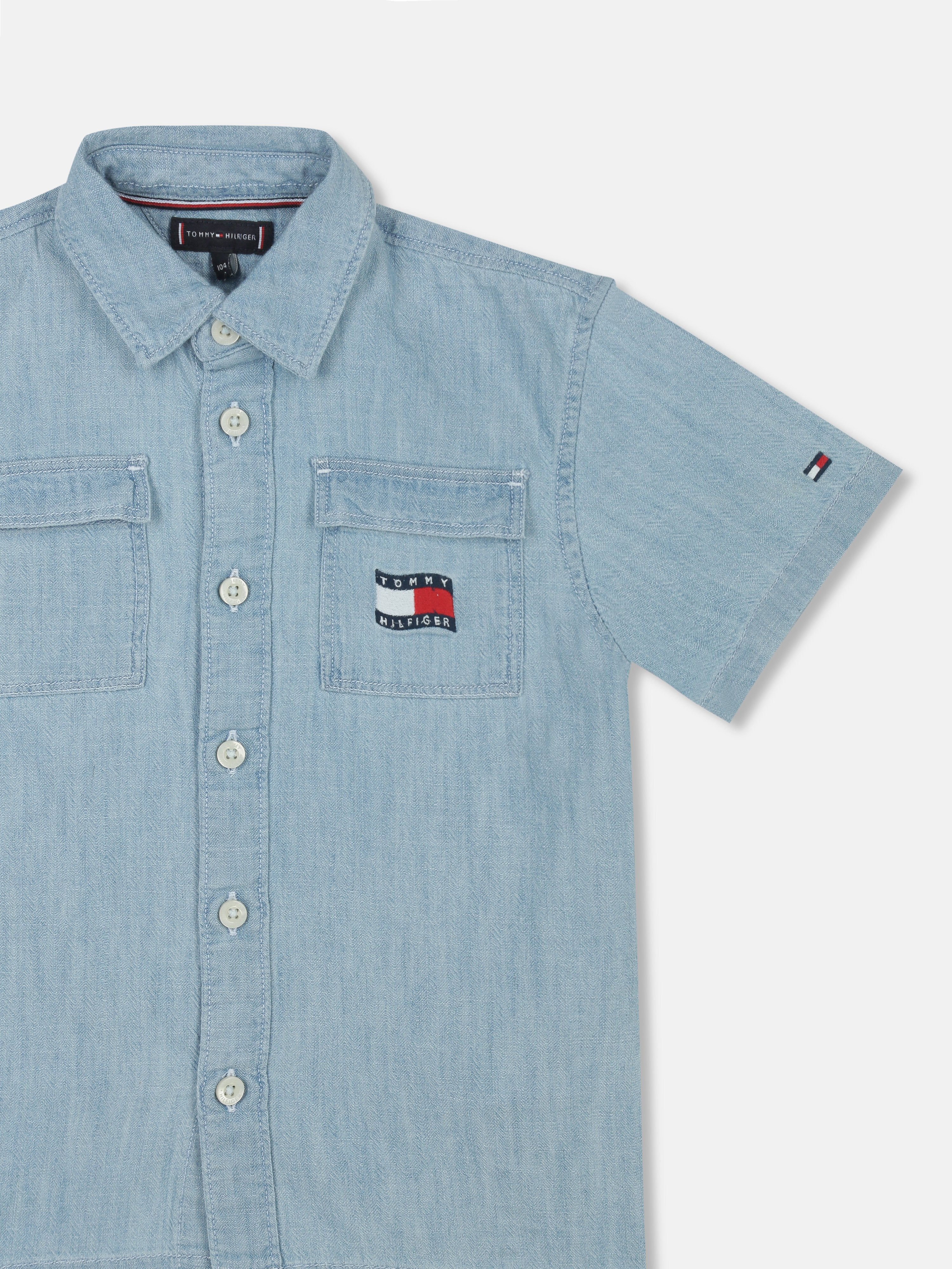 Boys Denim Medium Blue Logo Cotton Regular Fit Shirt
