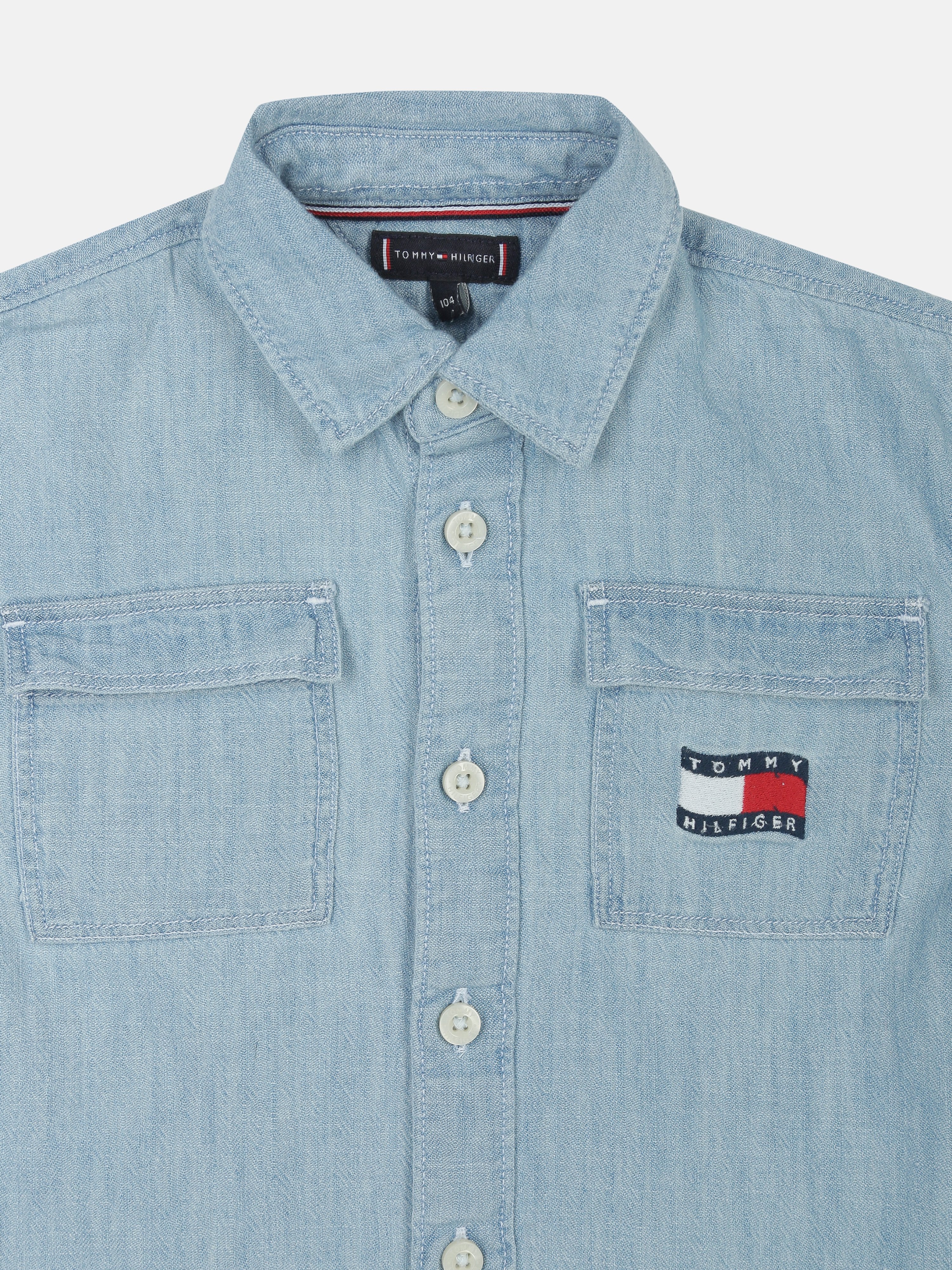 Boys Denim Medium Blue Logo Cotton Regular Fit Shirt