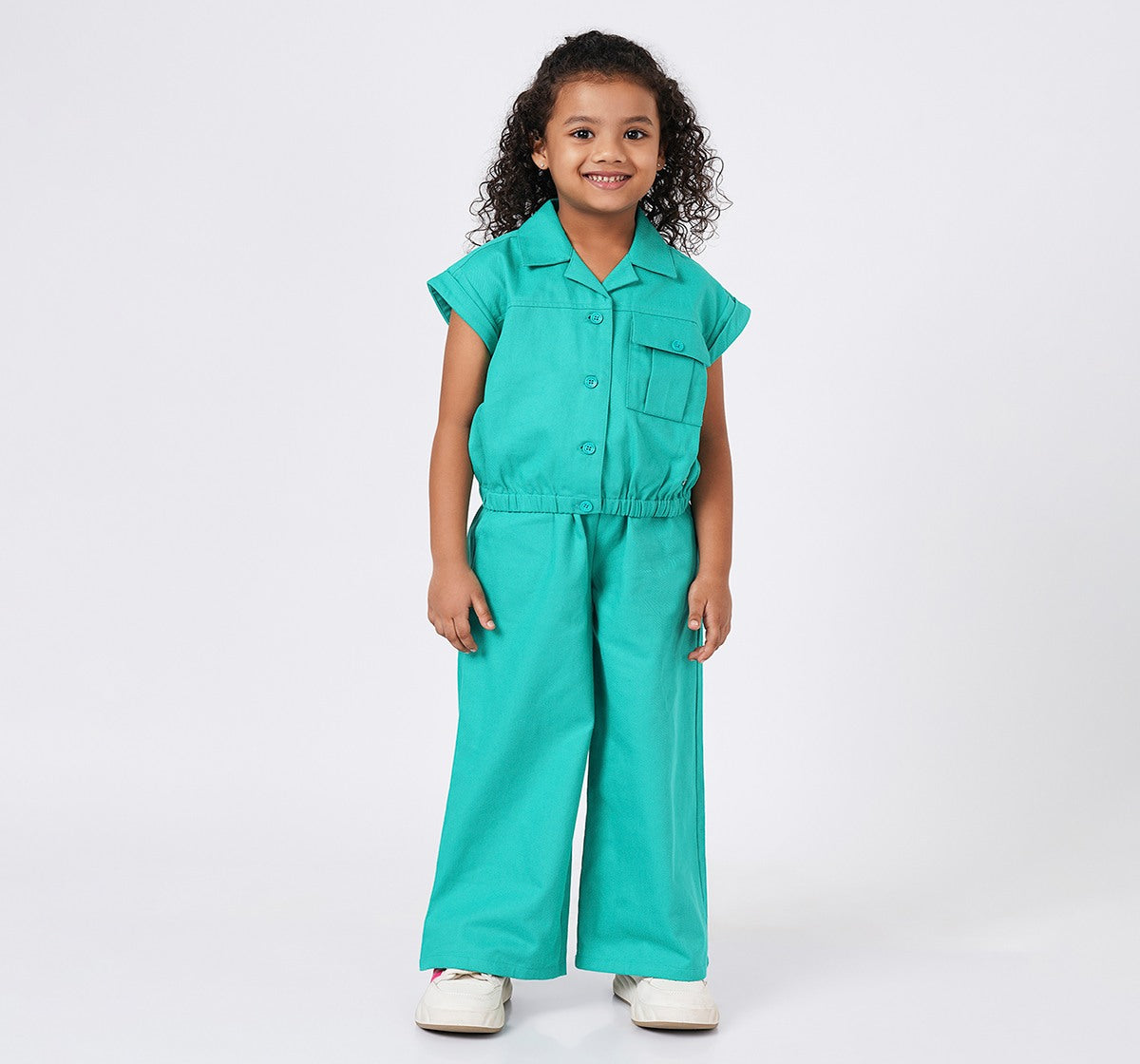 Girls Green Cotton Blend Resort Collar Co-ord Set