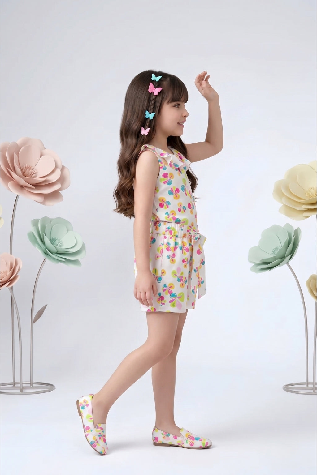 Girls Multicolor Butterfly Print Top & Shorts Co-ord Set