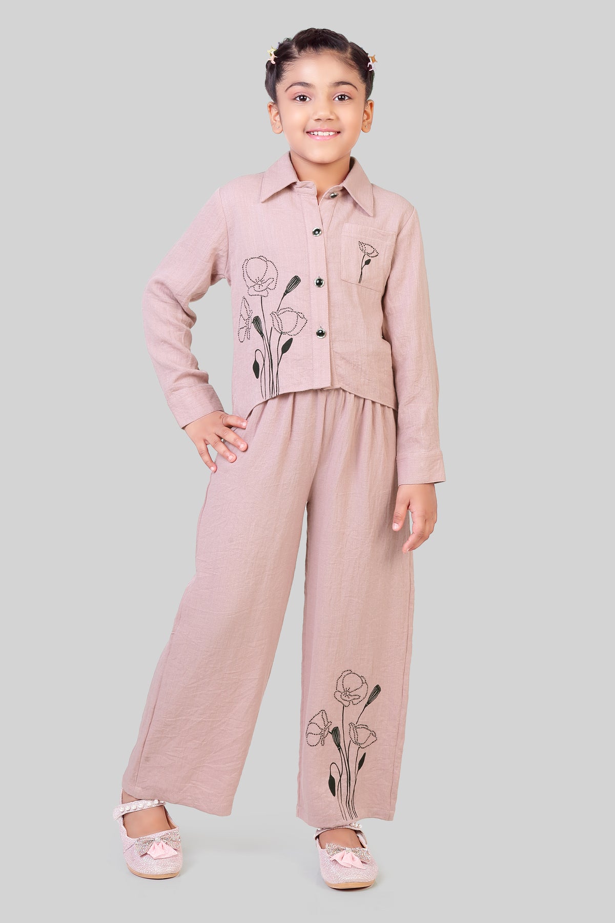 Girls Cotton Linen Co-ord Set with Stud Detail