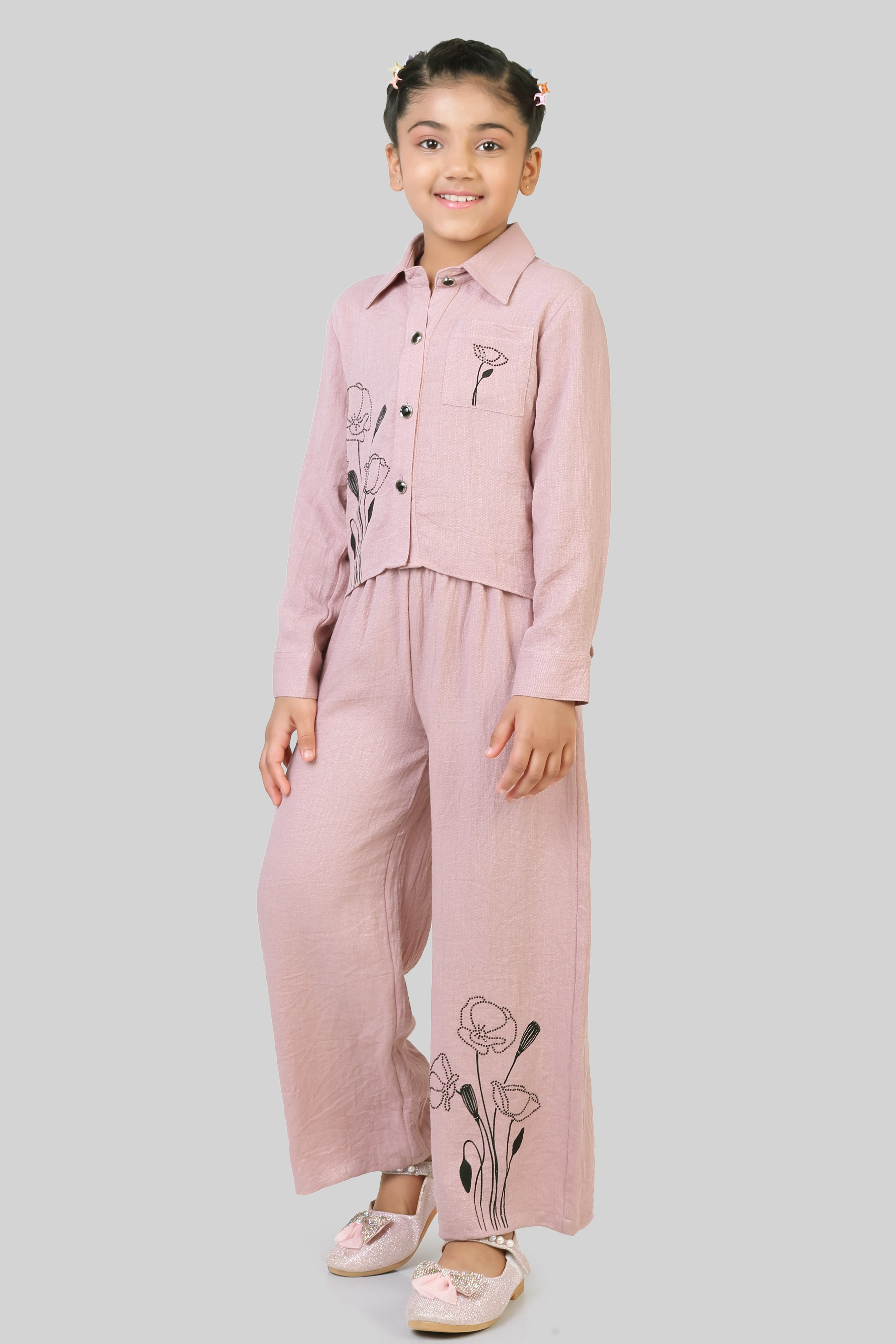 Girls Cotton Linen Co-ord Set with Stud Detail