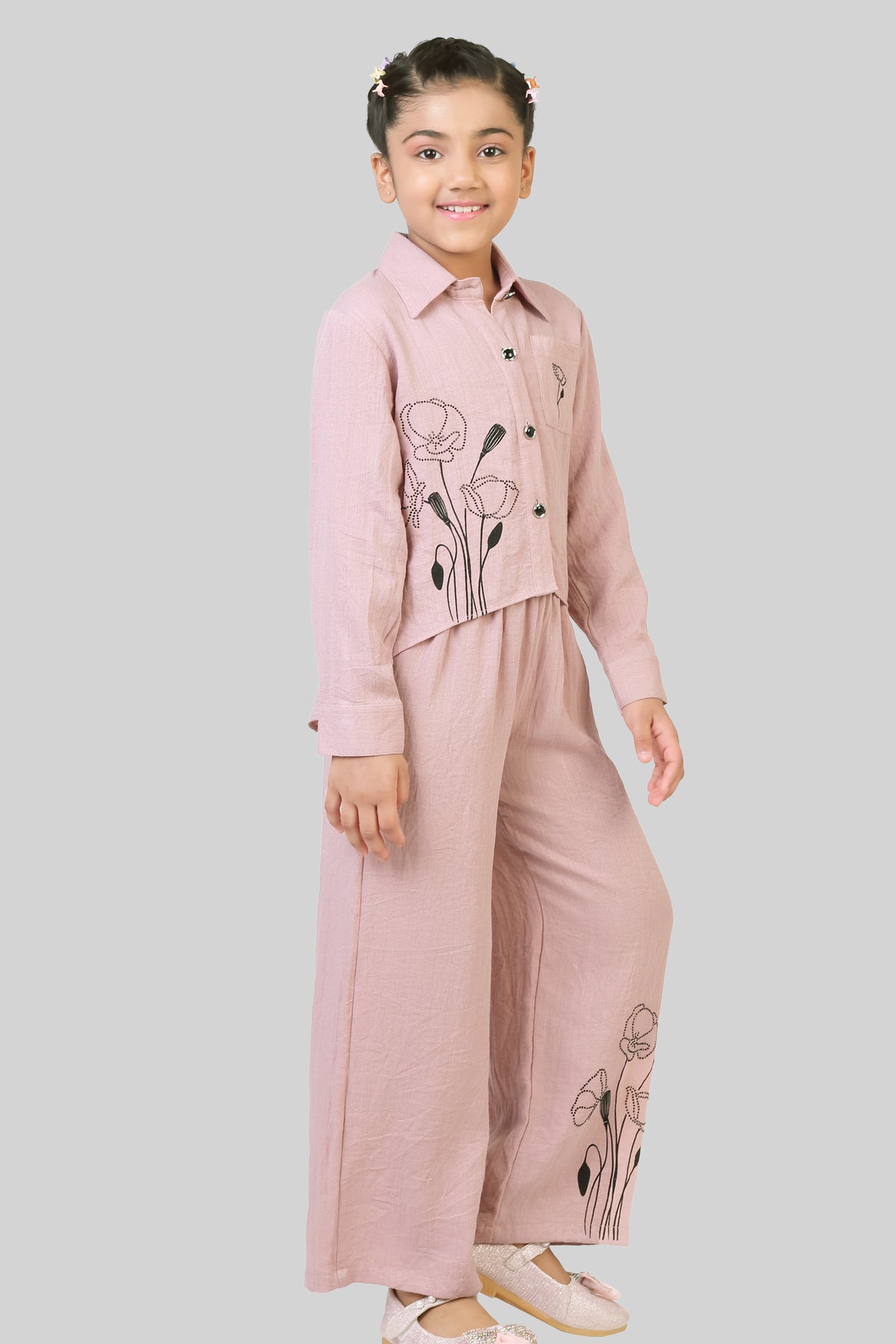 Girls Cotton Linen Co-ord Set with Stud Detail