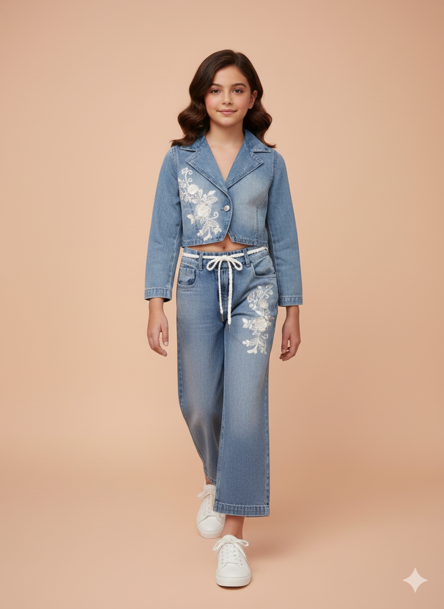 Girls Light Blue Embroidered Applique Co-Ord Set