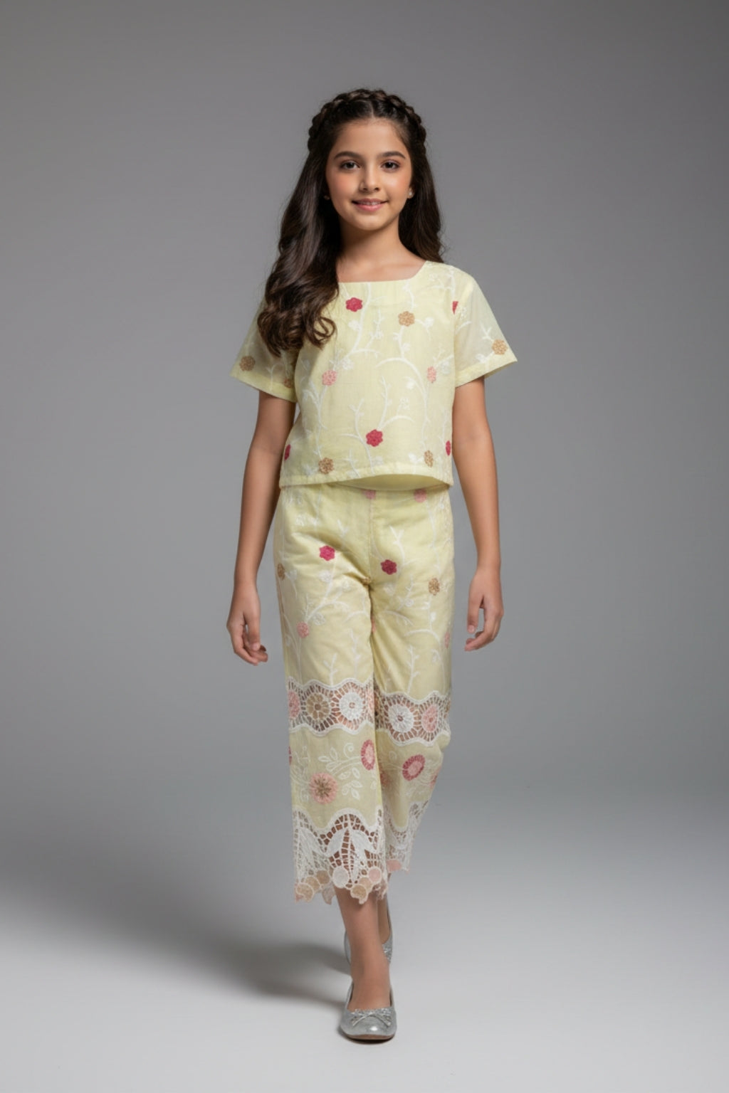 Girls Lemon Yellow Embroidered Casual Co-Ord Set