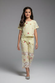 Girls Lemon Yellow Embroidered Casual Co-Ord Set