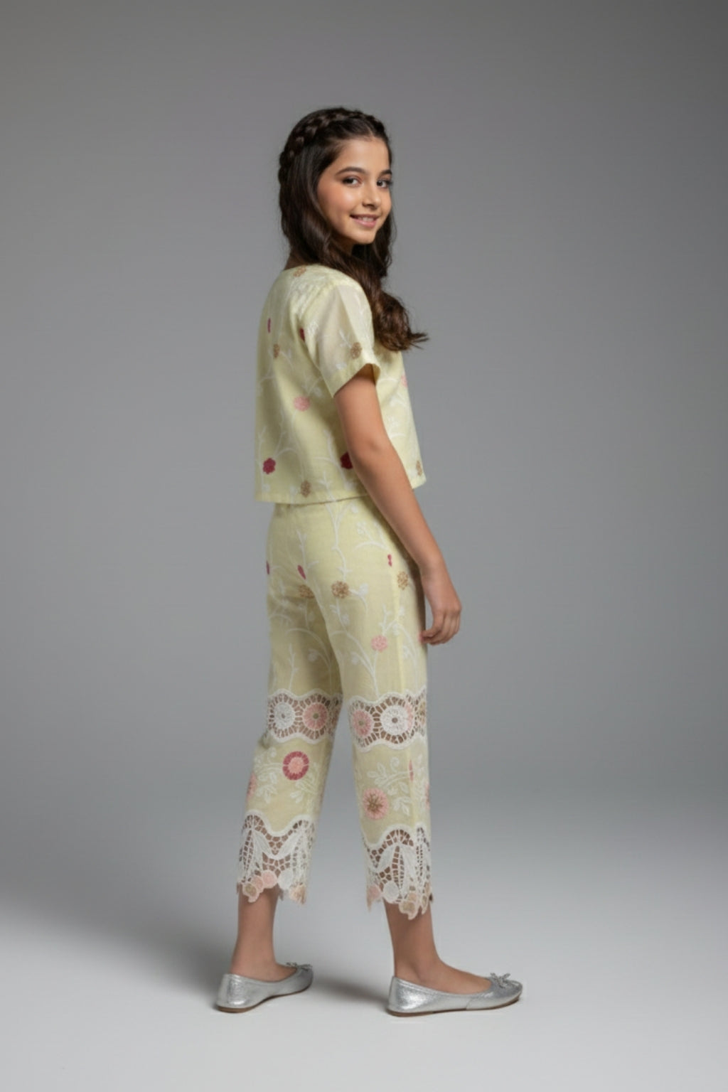 Girls Lemon Yellow Embroidered Casual Co-Ord Set
