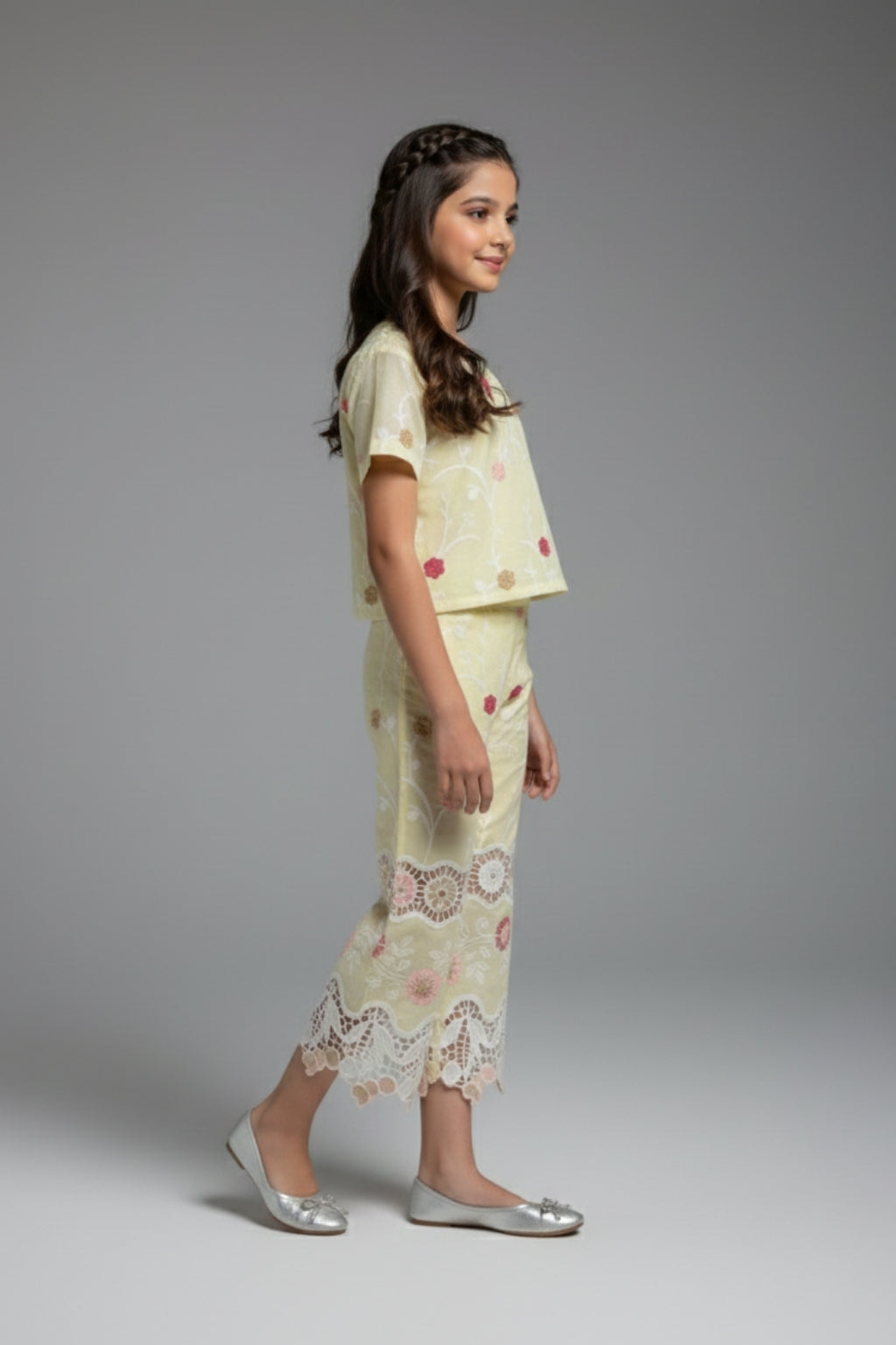 Girls Lemon Yellow Embroidered Casual Co-Ord Set