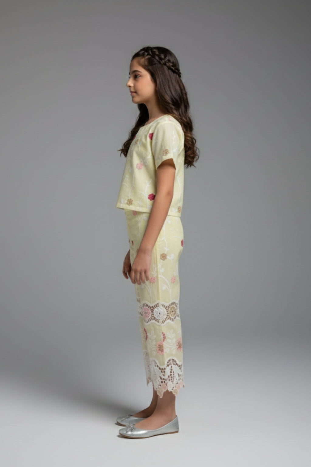 Girls Lemon Yellow Embroidered Casual Co-Ord Set