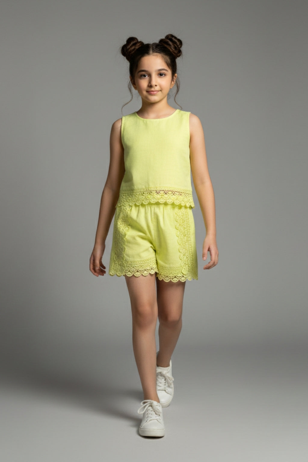 Girls Lemon Yellow Lace Detailed Cotton Short Set