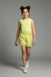 Girls Lemon Yellow Lace Detailed Cotton Short Set