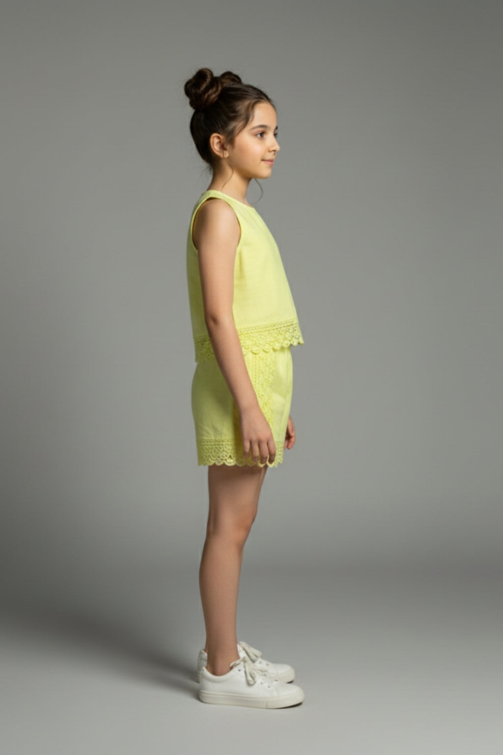Girls Lemon Yellow Lace Detailed Cotton Short Set