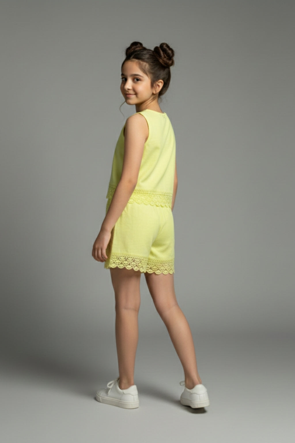 Girls Lemon Yellow Lace Detailed Cotton Short Set