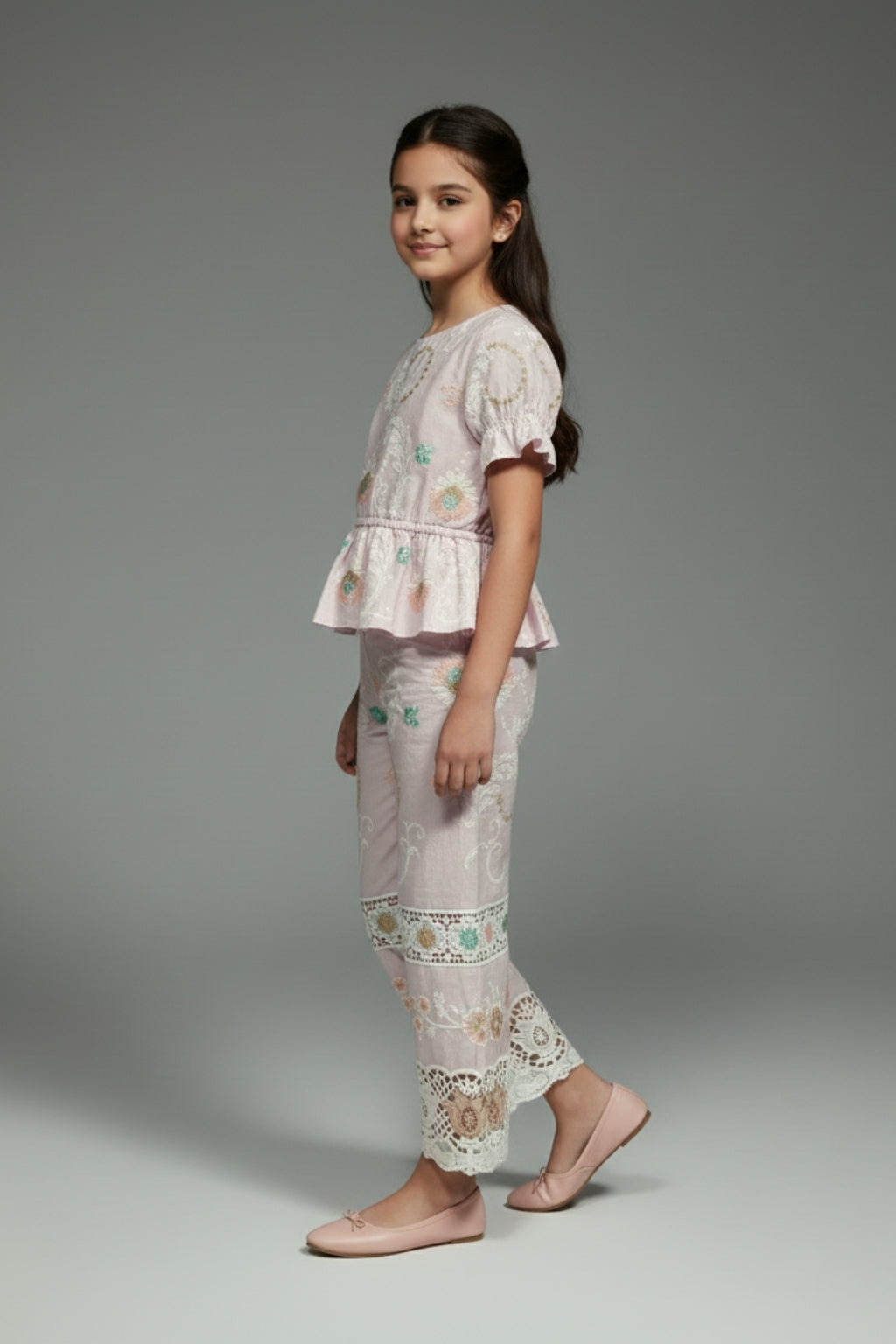 Girls Pink Embroidered Cotton Co-Ord Set