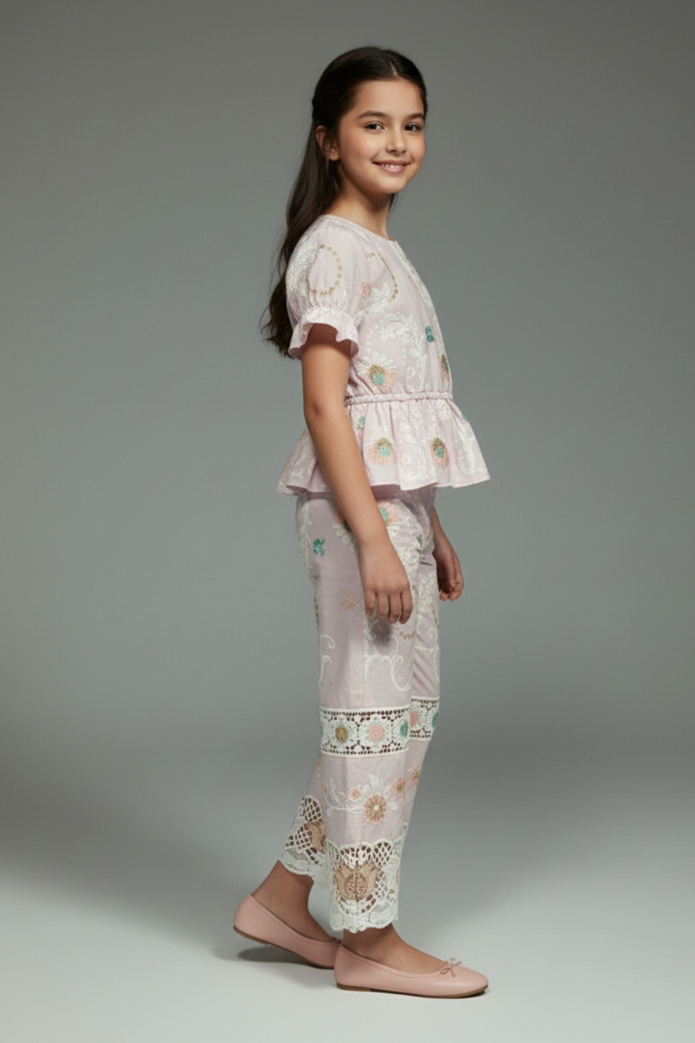 Girls Pink Embroidered Cotton Co-Ord Set