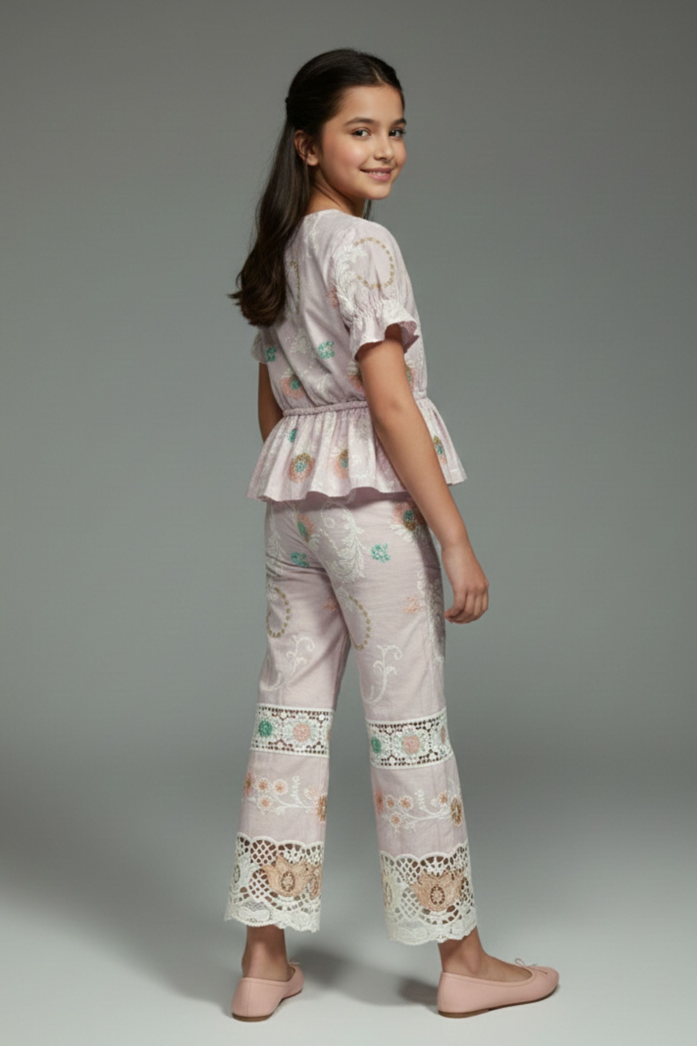 Girls Pink Embroidered Cotton Co-Ord Set