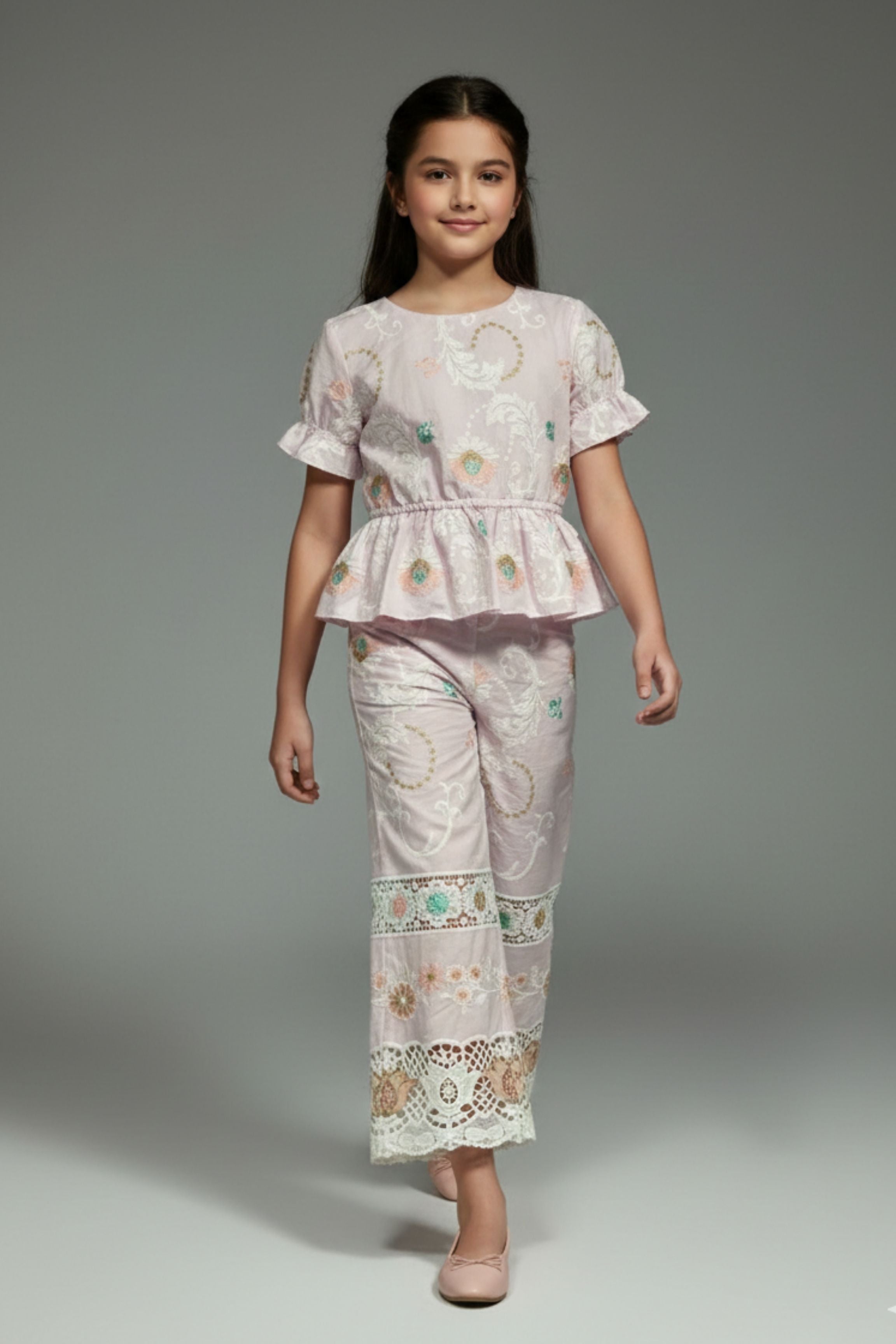 Girls Pink Embroidered Cotton Co-Ord Set
